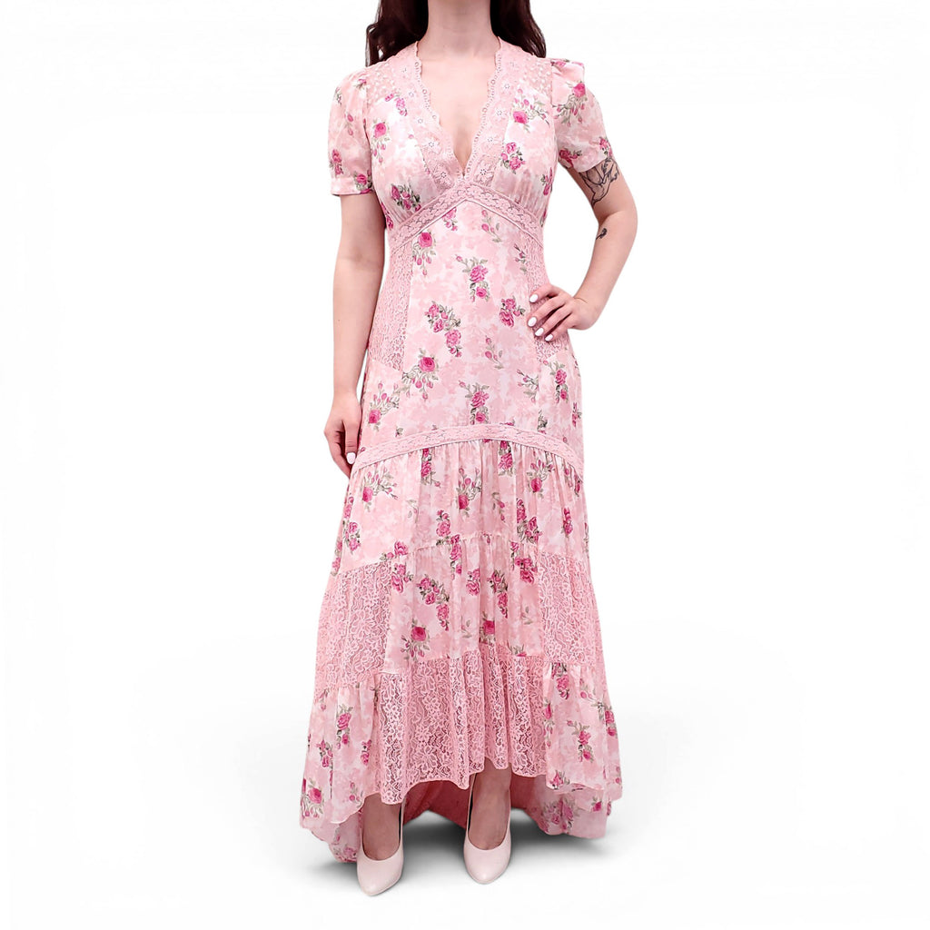 LOVESHACKFANCY PINK TIERED FLORAL DRESS WITH LACE - SIZE 6