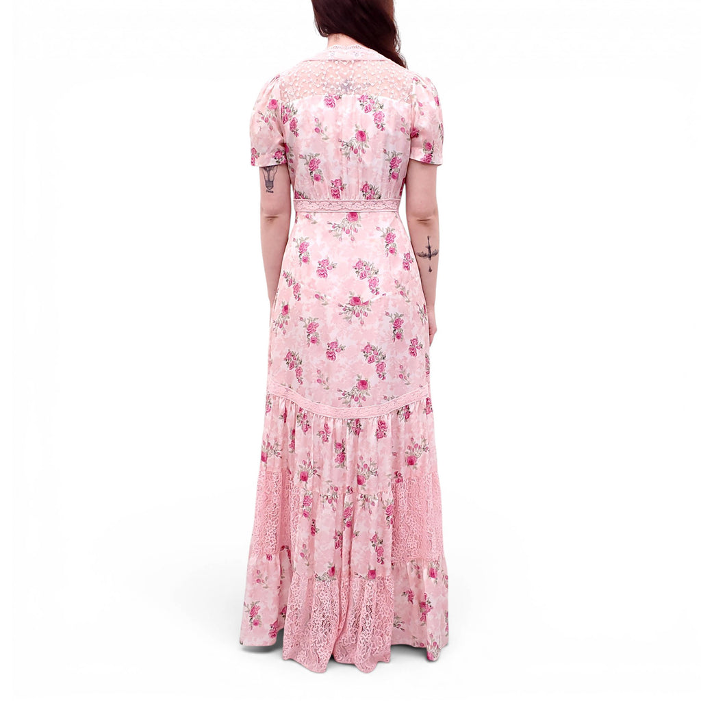 LOVESHACKFANCY PINK TIERED FLORAL DRESS WITH LACE - SIZE 6