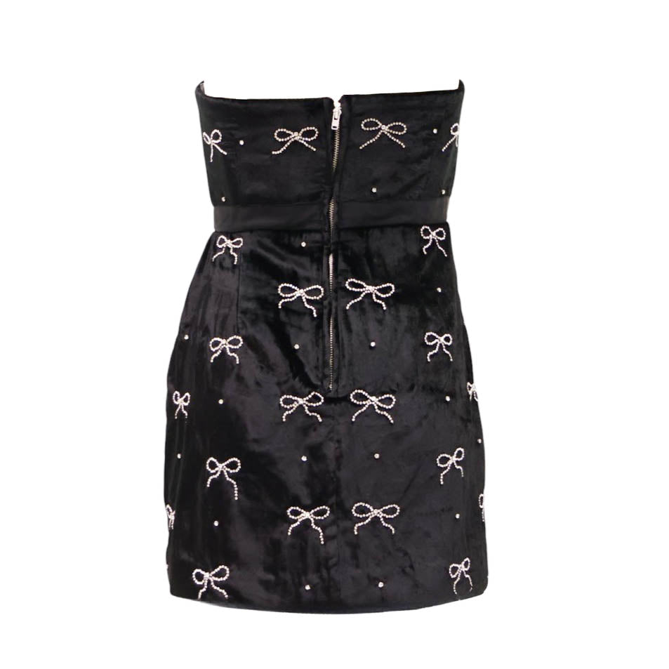 LOVESHACKFANCY VELVET MINI DRESS WITH CRYSTAL BOWS - SIZE 2