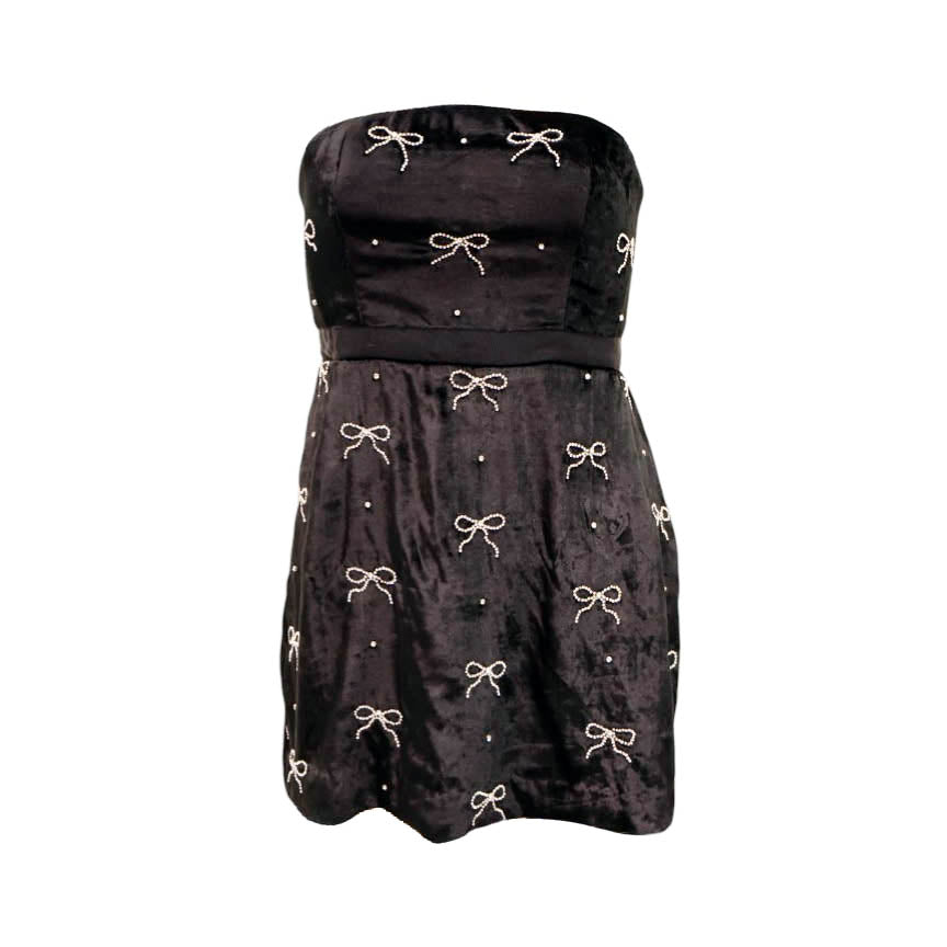 LOVESHACKFANCY VELVET MINI DRESS WITH CRYSTAL BOWS - SIZE 2