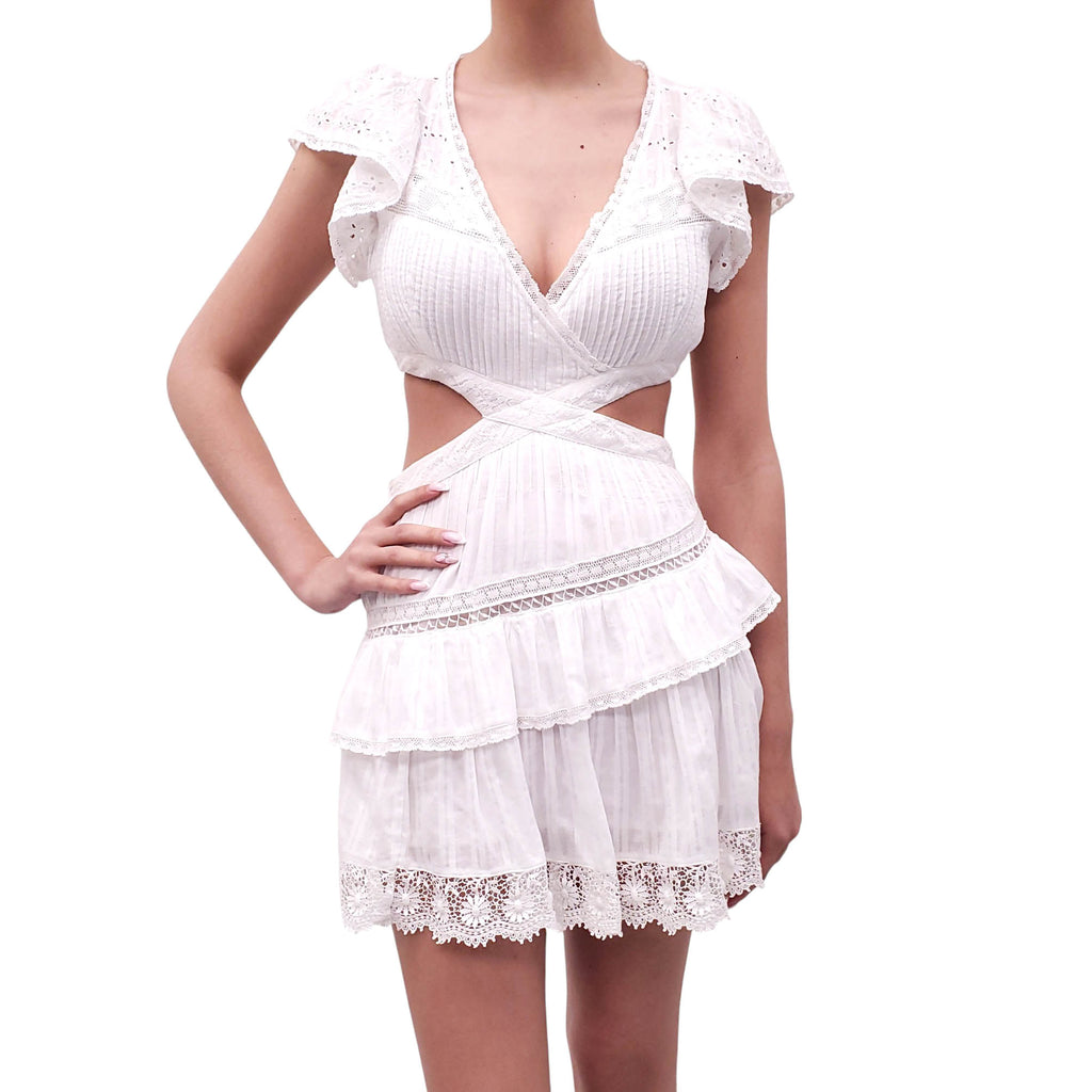 LOVESHACKFANCY WHITE DRESS WITH EYELET DETAIL - SIZE S