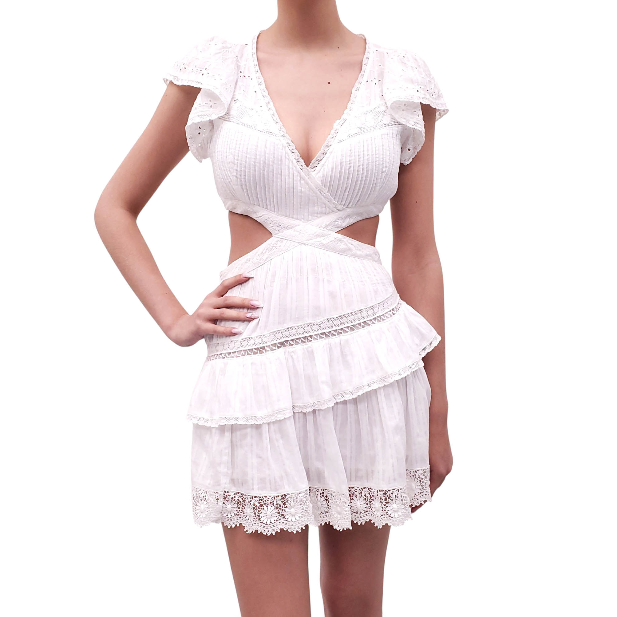 LOVESHACKFANCY WHITE DRESS WITH EYELET DETAIL - SIZE S