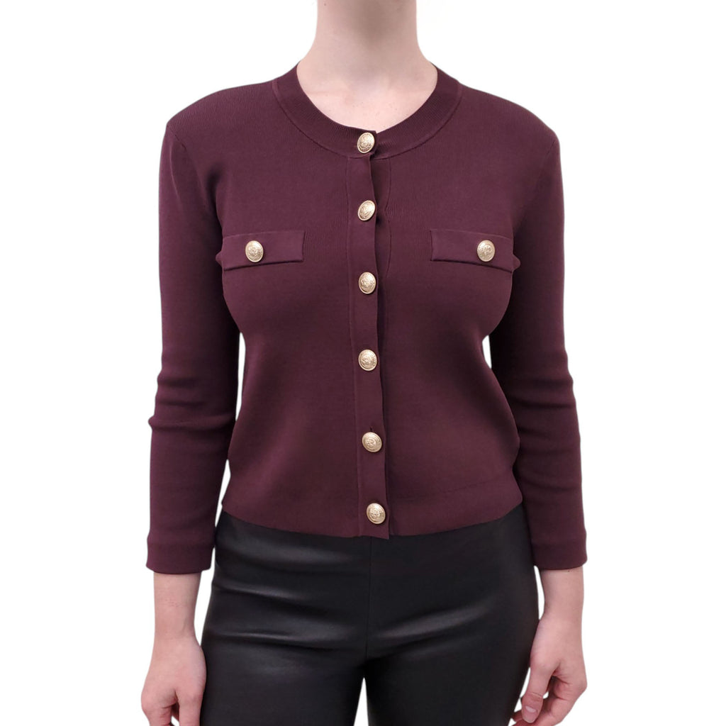L’AGENCE BURGUNDY KNIT CROPPED CARDIGAN WITH GOLD BUTTONS - SIZE S
