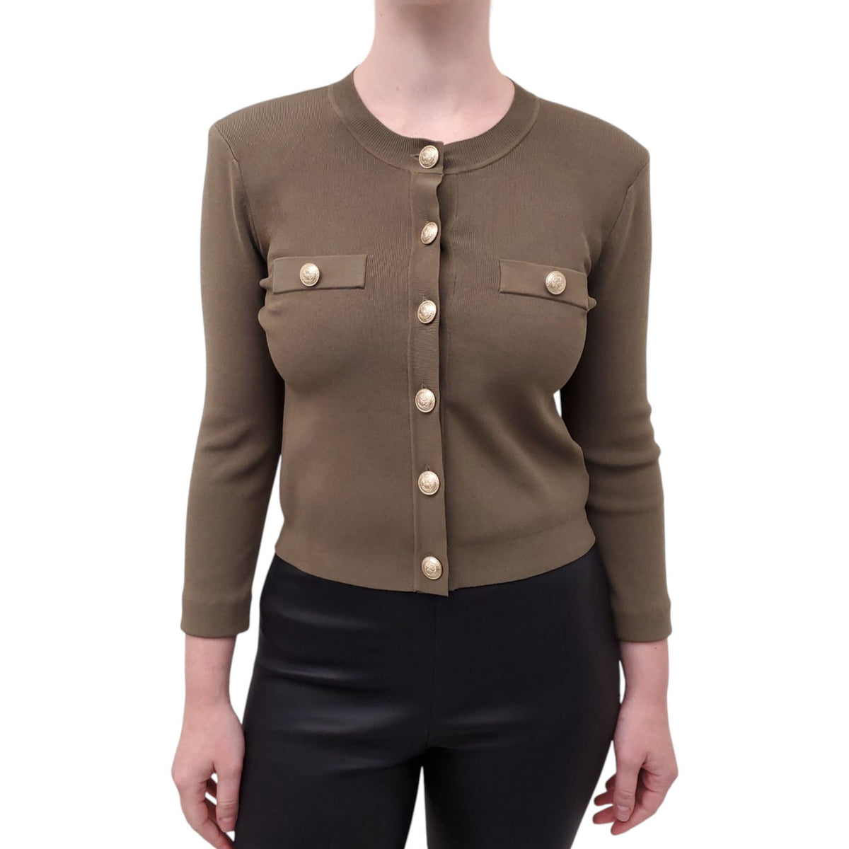L’AGENCE GREEN KNIT CROPPED CARDIGAN WITH GOLD BUTTONS - SIZE S