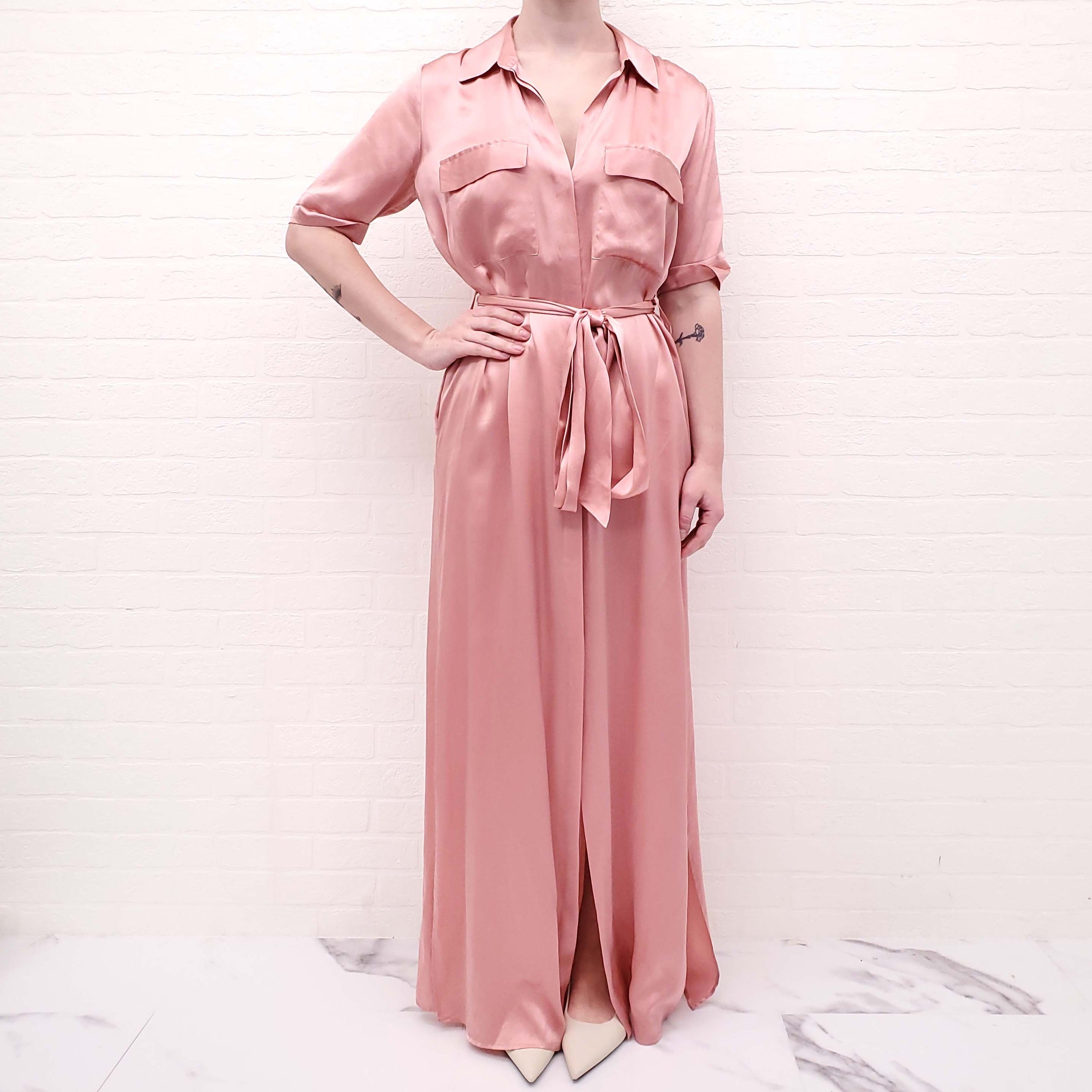 L’AGENCE PINK SILK MAXI BUTTON UP DRESS WITH BELT - SIZE S