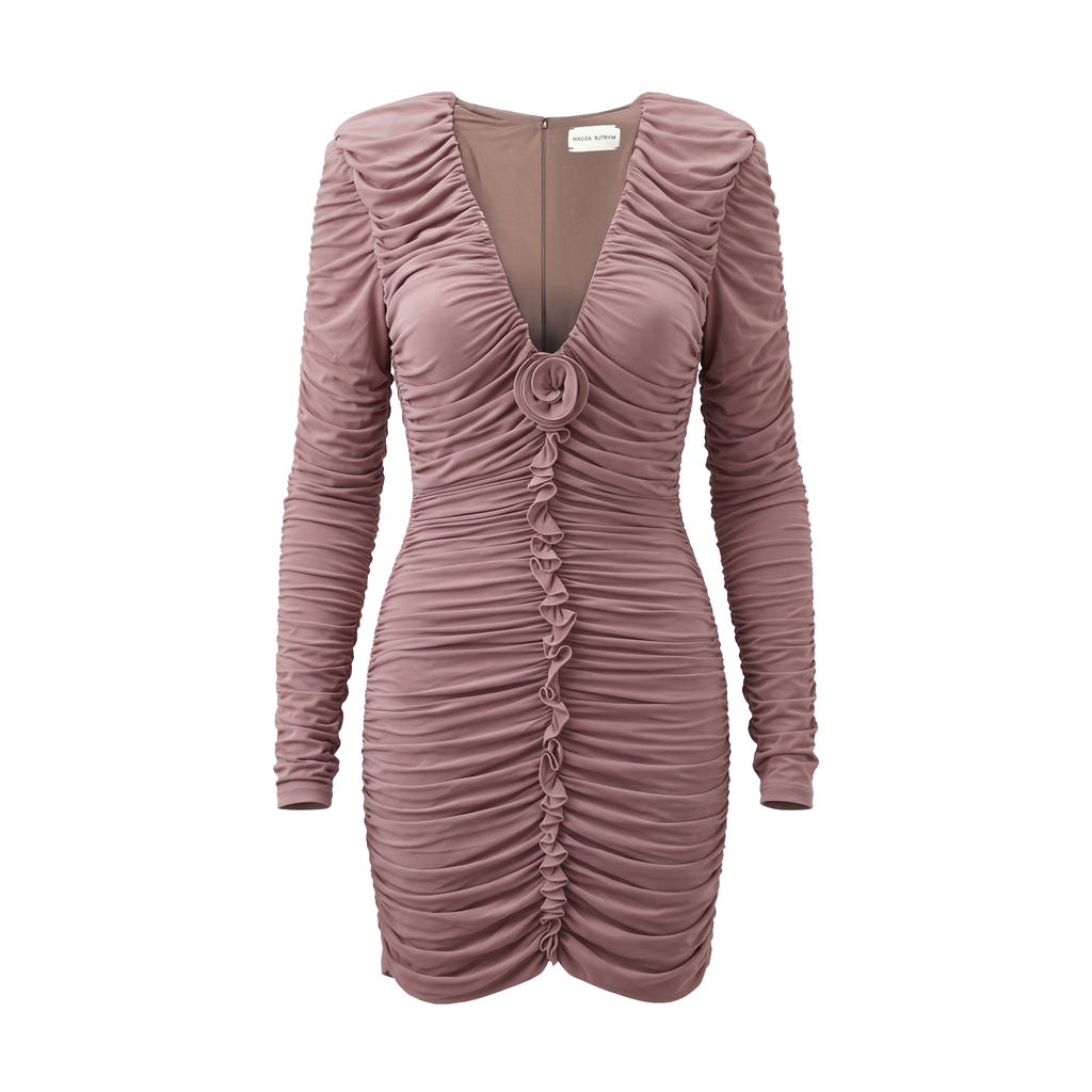MAGDA BUTRYM FLORAL APPLIQUED RUCHED STRETCH JERSEY MINI DRESS - SIZE US 8 (EU 40)