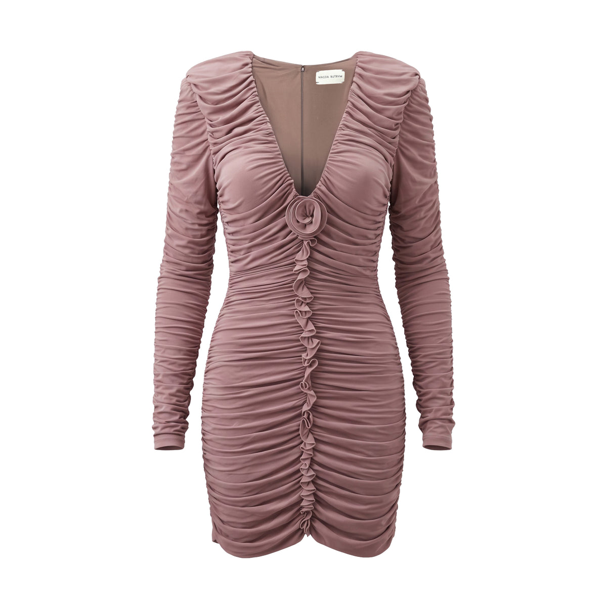 MAGDA BUTRYM FLORAL APPLIQUED RUCHED STRETCH JERSEY MINI DRESS - SIZE US 8 (EU 40)