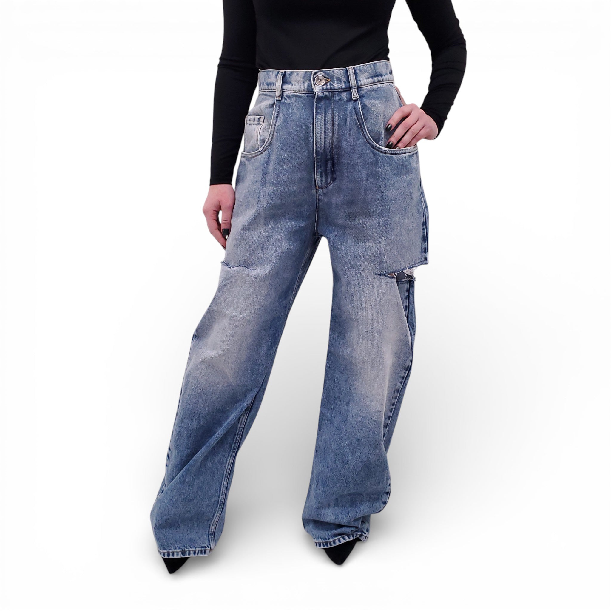 MAISON MARGIELA LIGHT BLUE HIGH-WAISTED CUT-OUT JEANS - SIZE 42