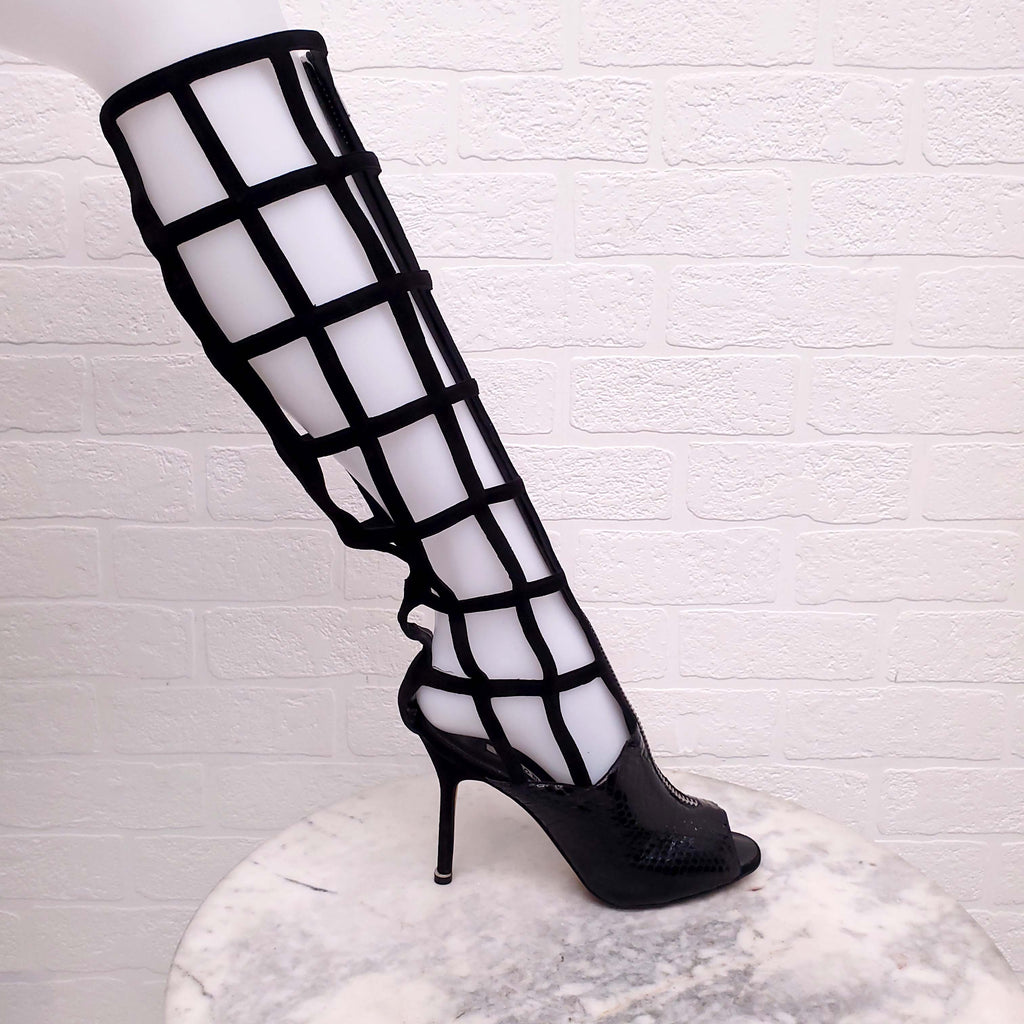 MANOLO BLAHNIK BLACK CAGED PYTHON KNEE HIGH HEELS - SIZE 39