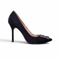 MANOLO BLAHNIK BLACK HANGISI 90 EMBELLISHED SATIN PUMPS - SIZE 39