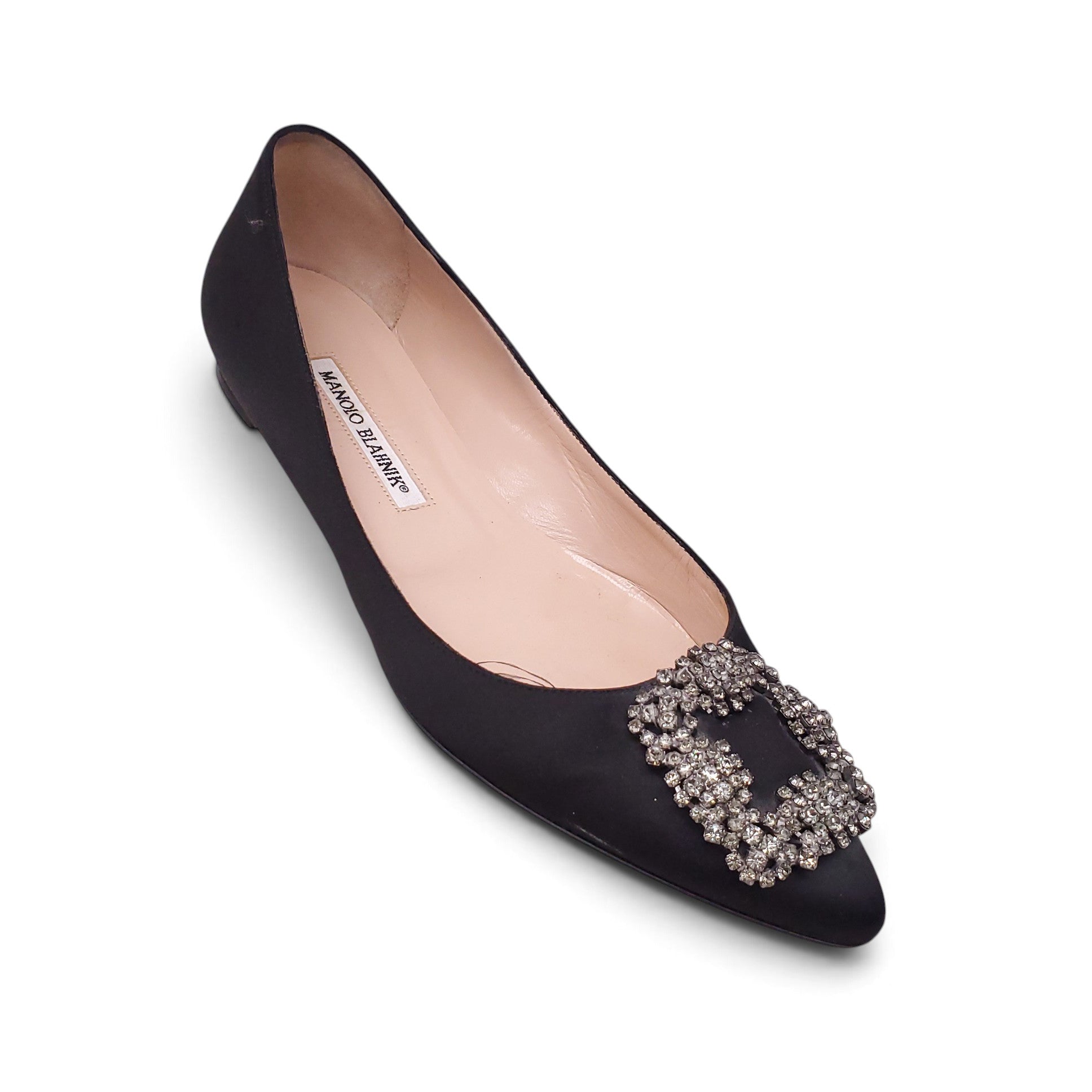 MANOLO BLAHNIK BLACK HANGISI FLATS - SIZE 38.5