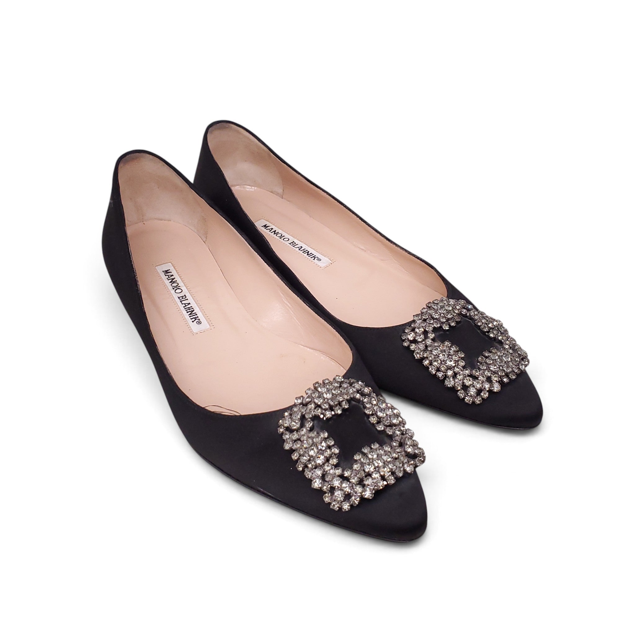 MANOLO BLAHNIK BLACK HANGISI FLATS - SIZE 38.5