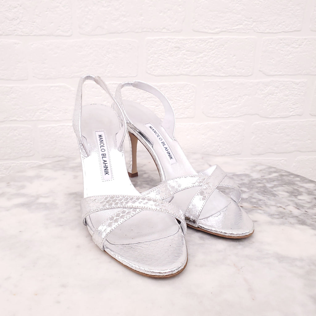 MANOLO BLAHNIK SILVER SNAKESKIN SLINGBACK HEELS - SIZE 38