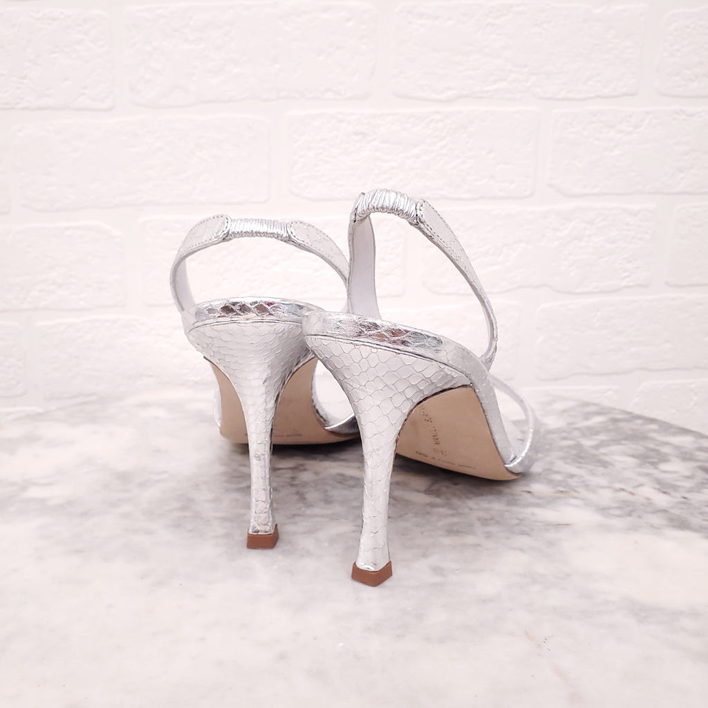 MANOLO BLAHNIK SILVER SNAKESKIN SLINGBACK HEELS - SIZE 38