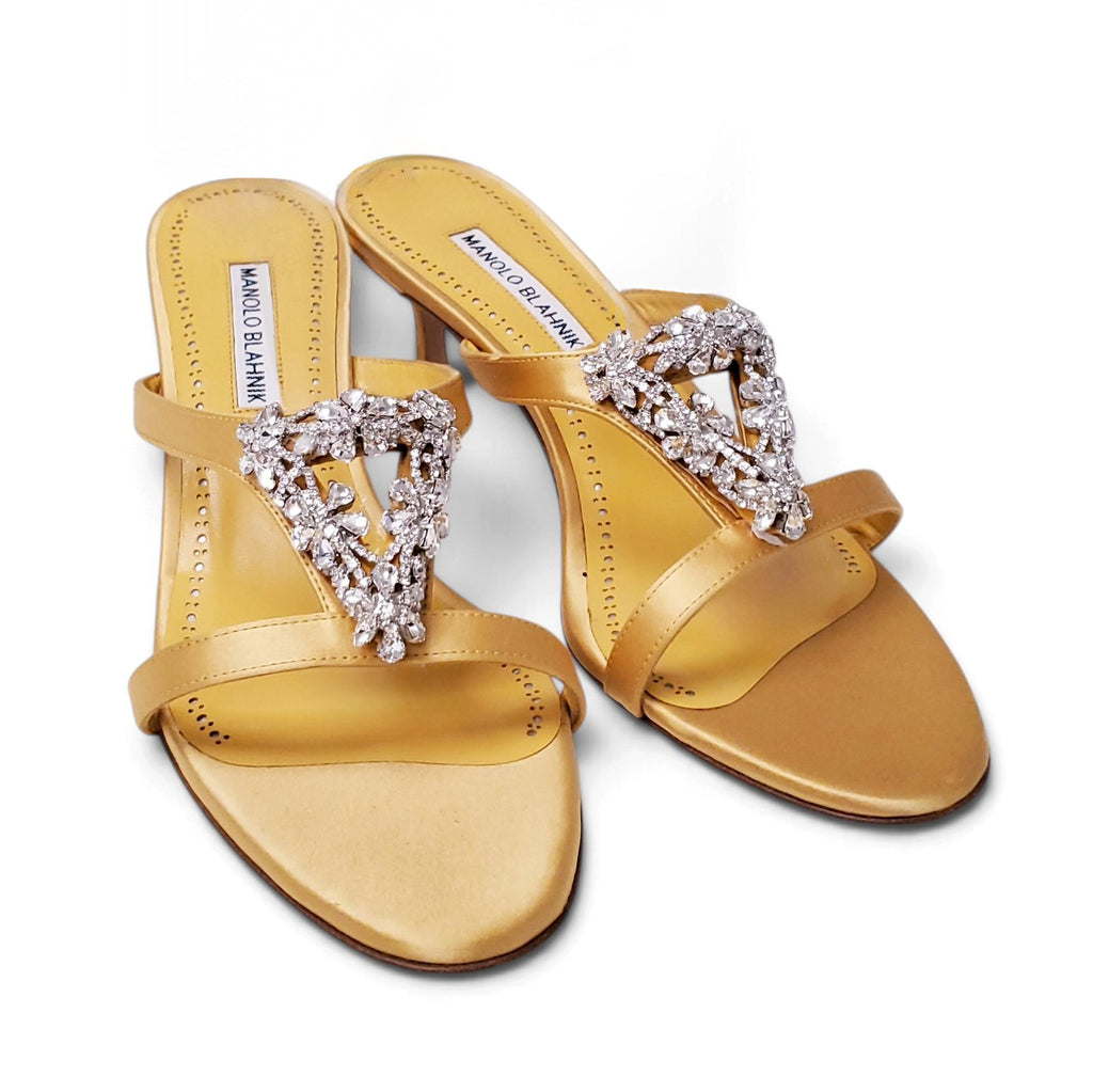 MANOLO BLAHNIK YELLOW SATIN FLORAL CRYSTAL SANDALS - SIZE 40