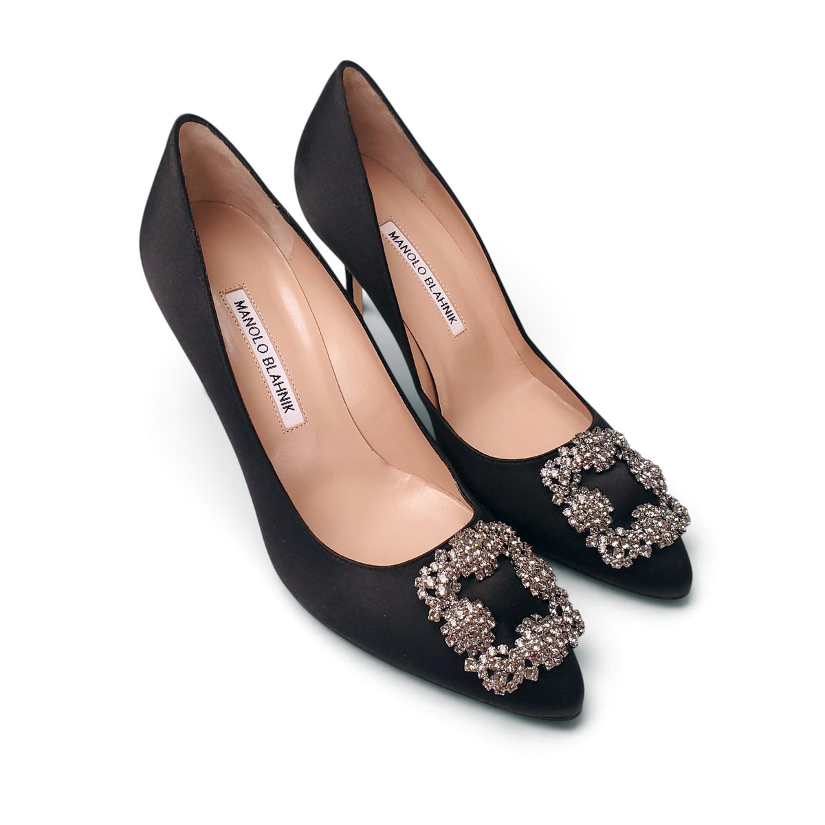 MANOLO HANGISI BLACK 90MM SATIN HEEL - SIZE 37.5