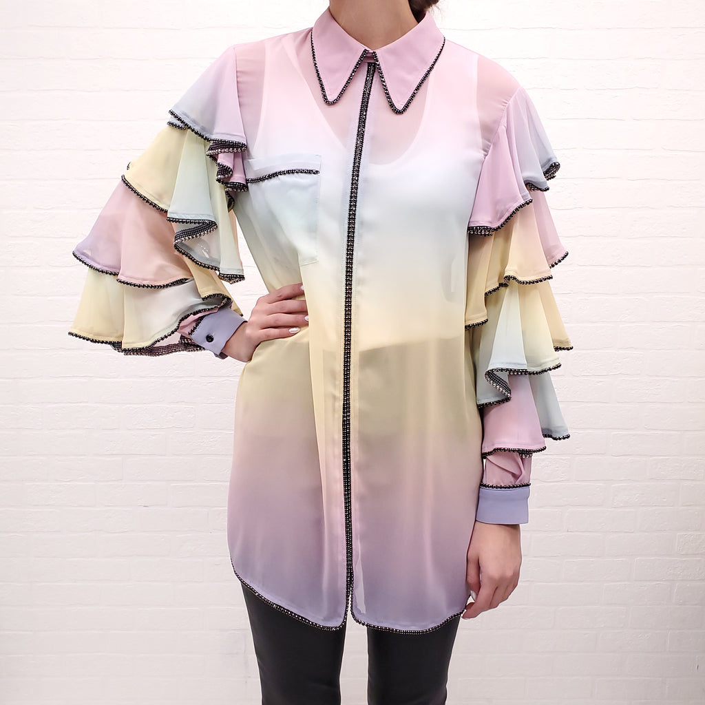 MARCO DE VINCENZO RAINBOW RUFFLE CRYSTAL TUNIC BLOUSE - SIZE L