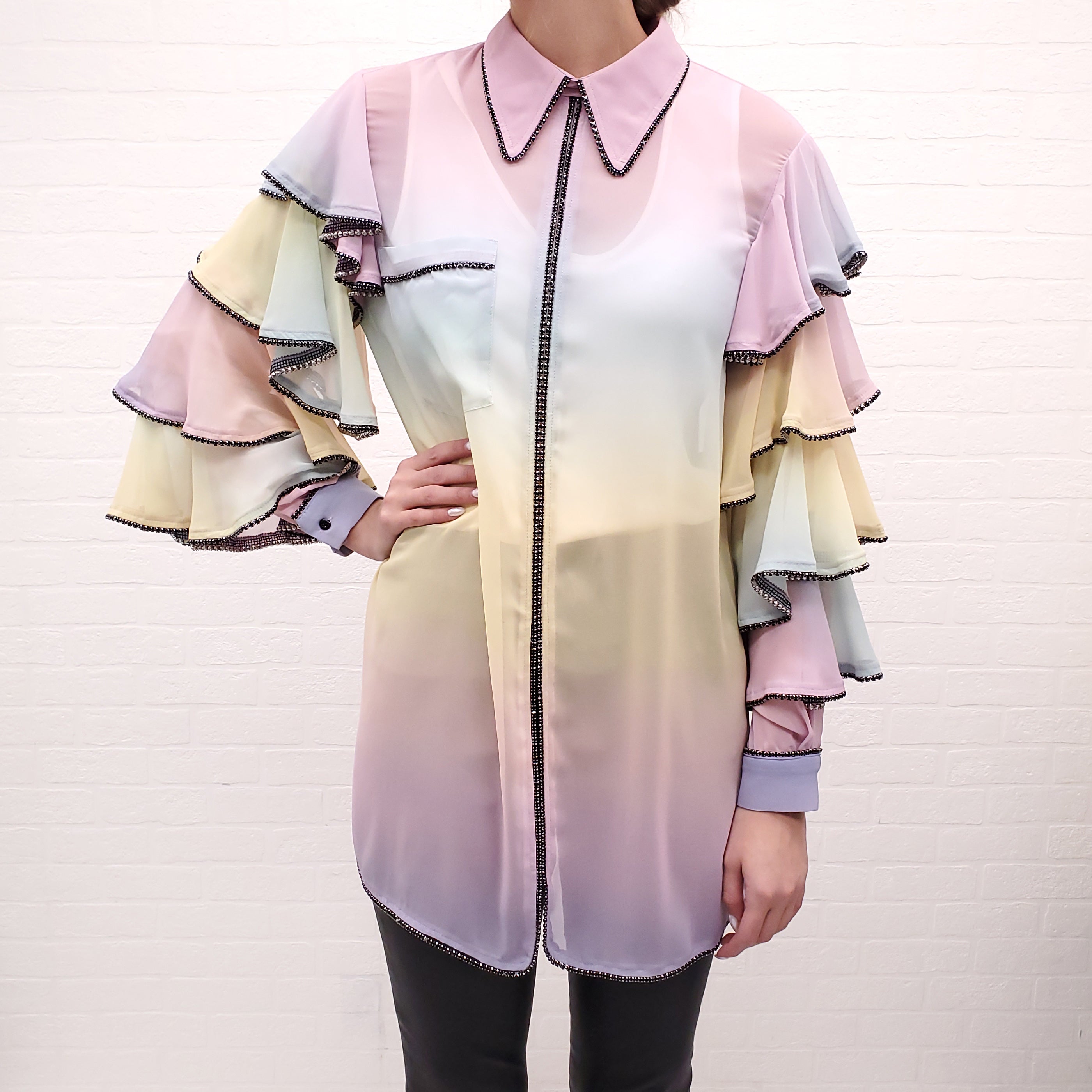 MARCO DE VINCENZO RAINBOW RUFFLE CRYSTAL TUNIC BLOUSE - SIZE L