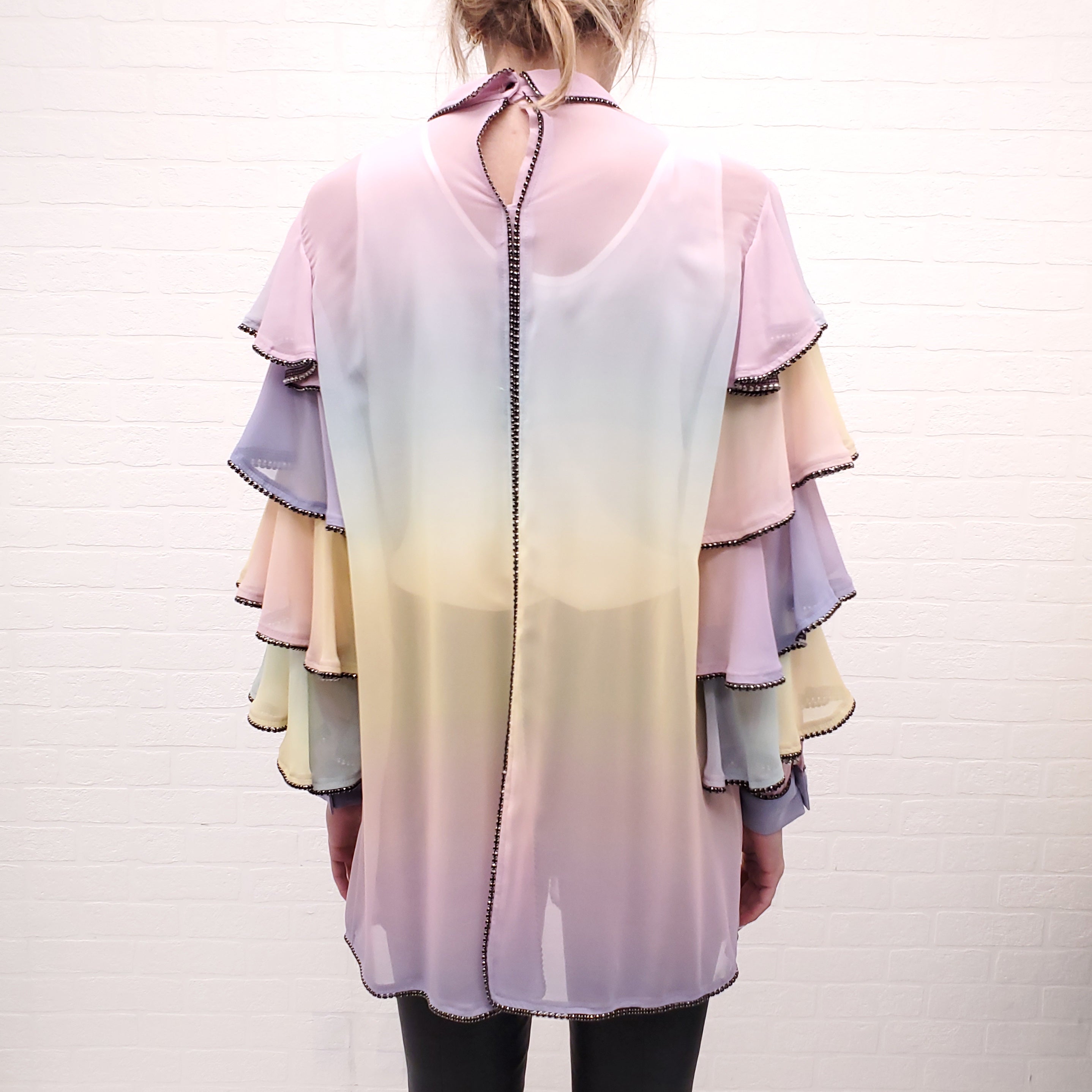 MARCO DE VINCENZO RAINBOW RUFFLE CRYSTAL TUNIC BLOUSE - SIZE L