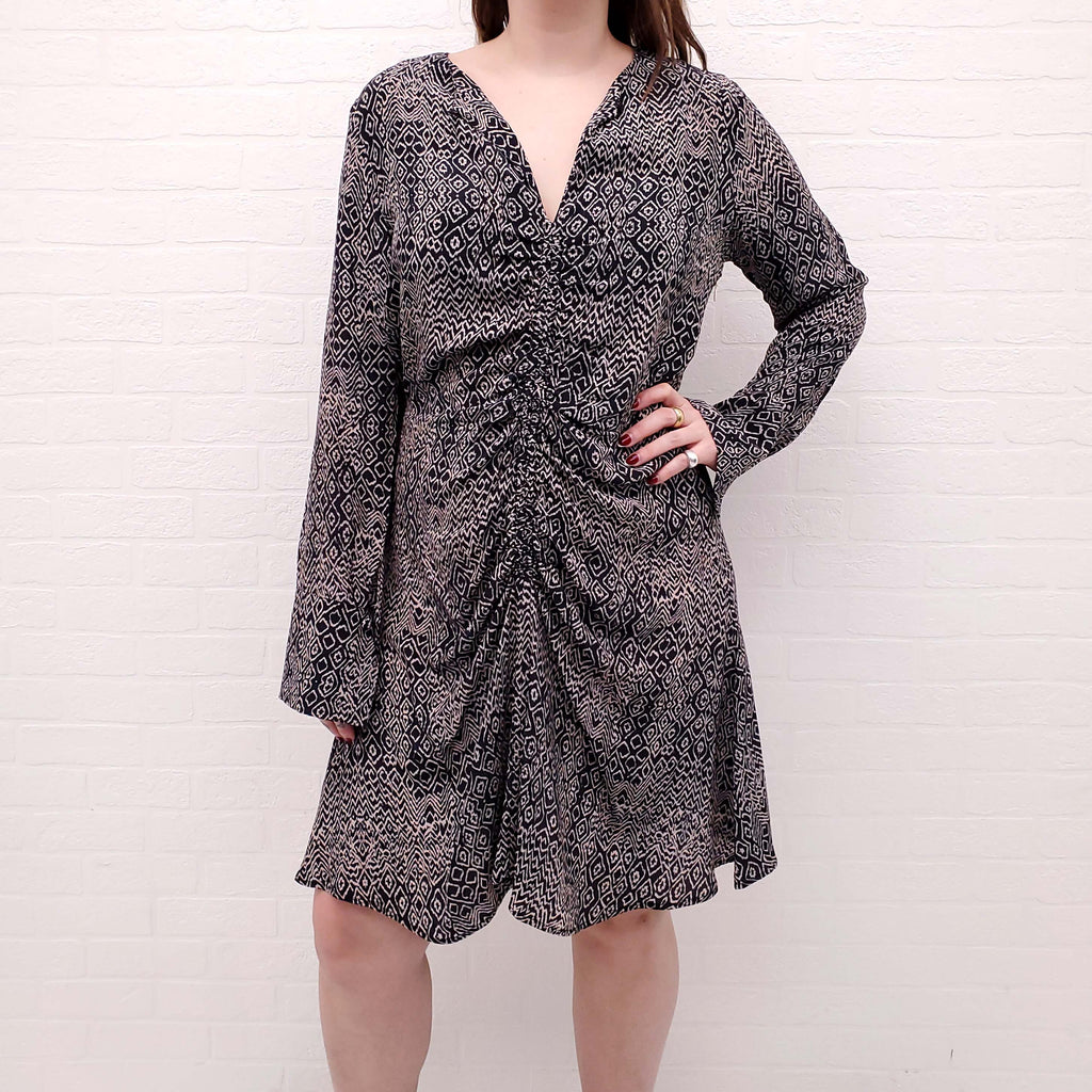 MARIA CHER SILK ROUCHED PATTERNED DRESS - SIZE L