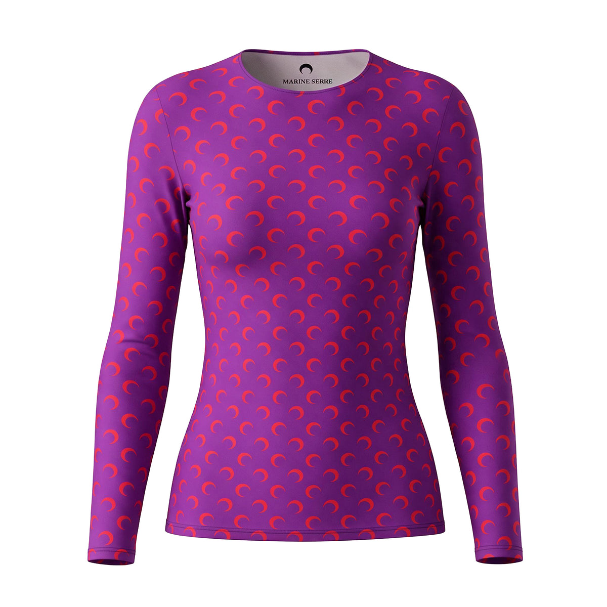 MARINE SERRE MOON PRINTED JERSEY SECOND SKIN CREW NECK TOP IN PURPLE - SIZE M