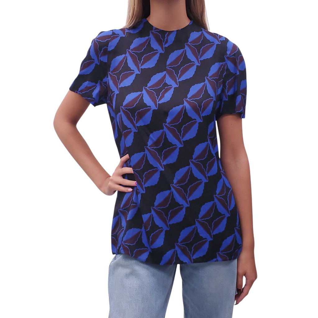 MARNI BLUE AND BURGUNDY PATTERNED SHORT SLEEVE - SIZE 44