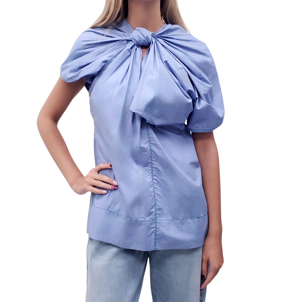 MARNI BLUE COTTON BLOUSE WITH RIBBON DETAIL - SIZE 38