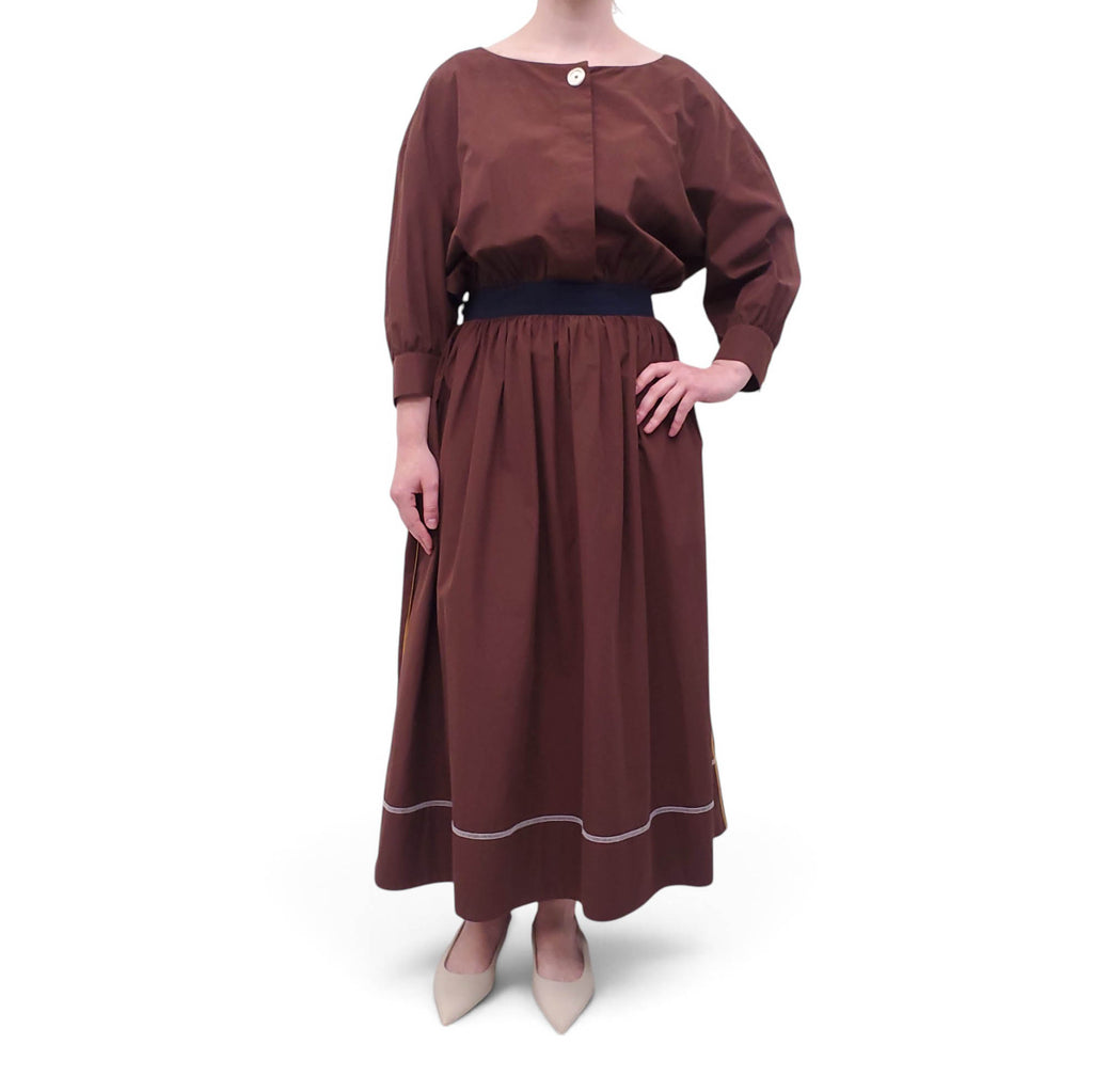 MARNI BROWN COTTON MAXI DRESS WITH ELASTIC WAIST DETAIL - SIZE 44