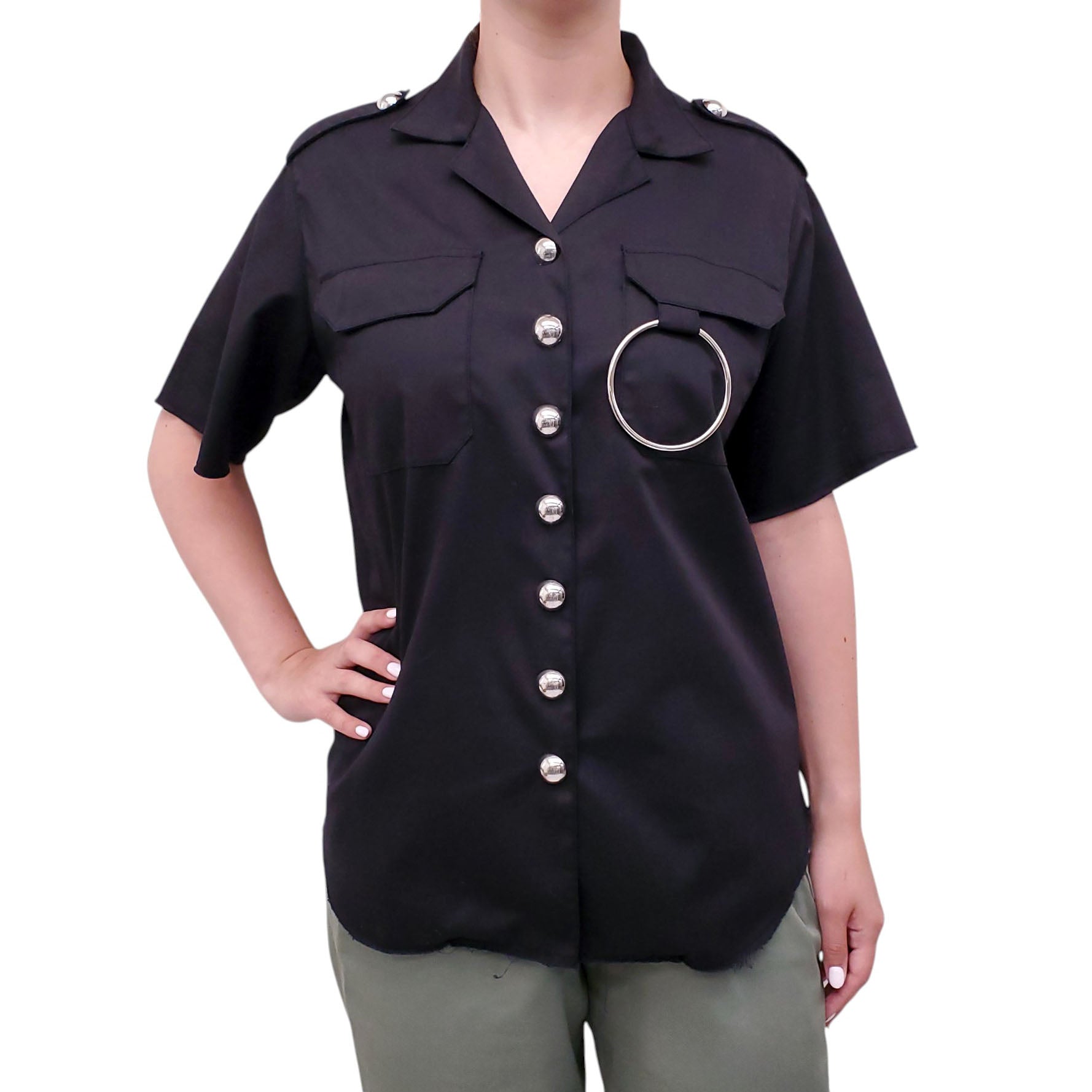 MARQUES'ALMEIDA BLACK SHORT SLEEVE BUTTON UP SHIRT WITH SILVER DETAIL - SIZE XS