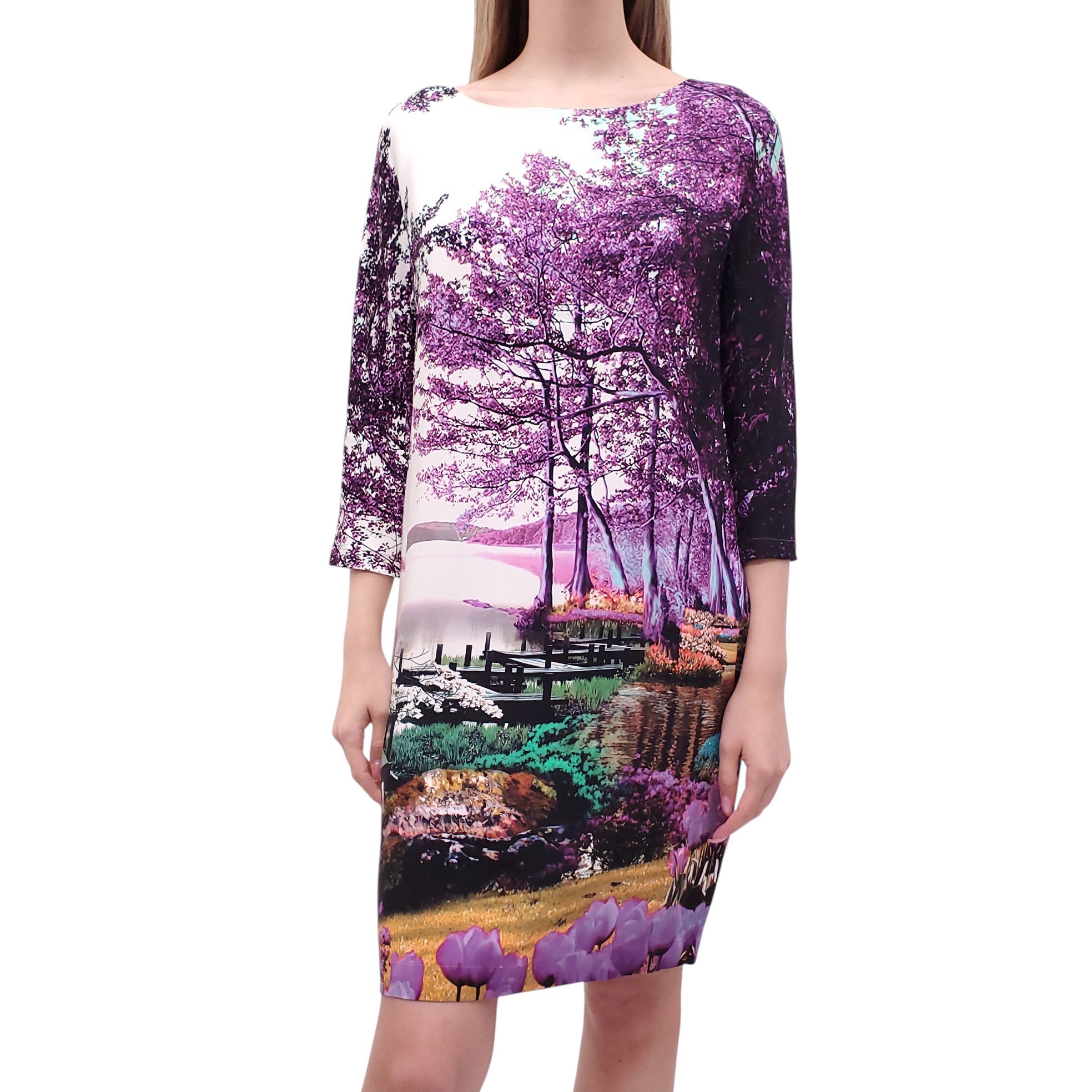MARY KATRANTZOU PURPLE LANDSCAPE PATTERNED DRESS - SIZE 6