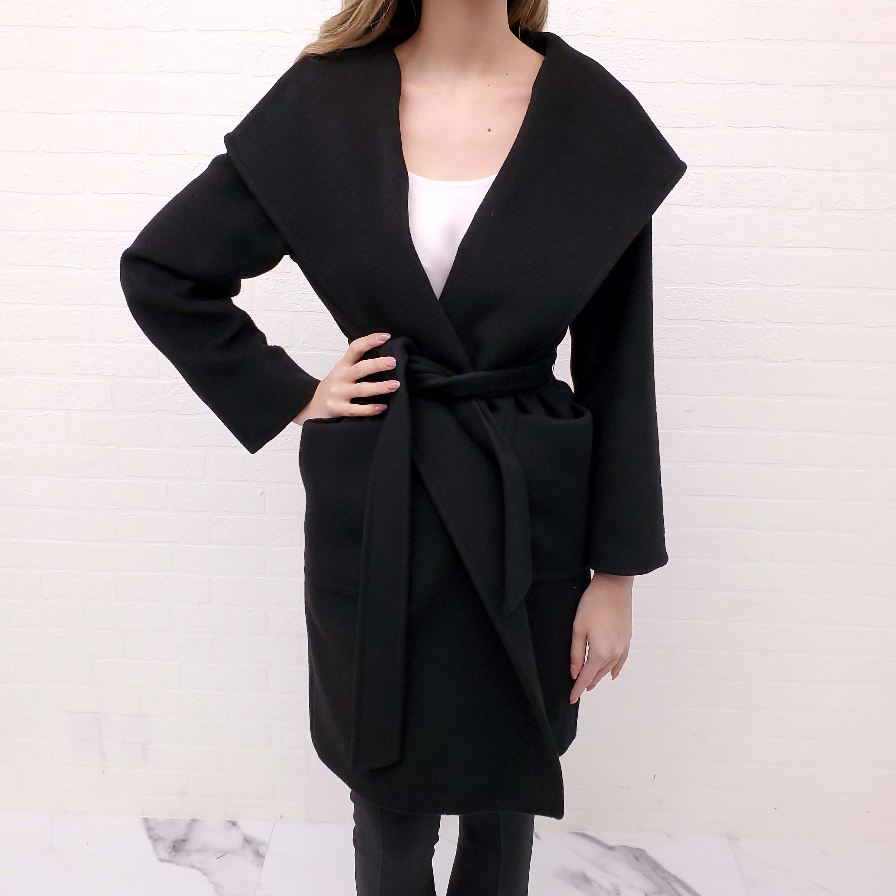 MAX MARA BLACK HOODED WRAP COAT - SIZE M