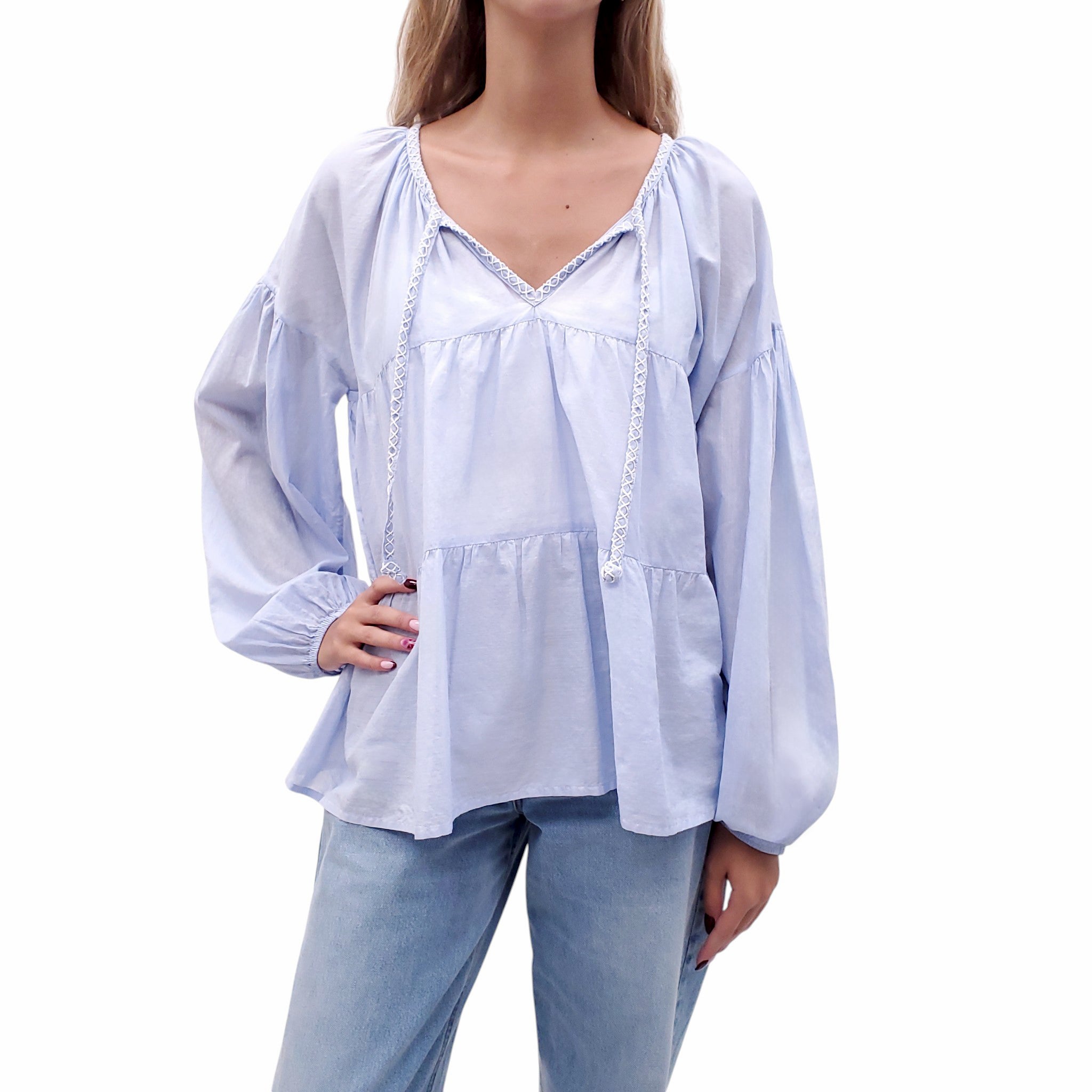 MERLETTE LIGHT BLUE OVERSIZED TIE BLOUSE - SIZE M