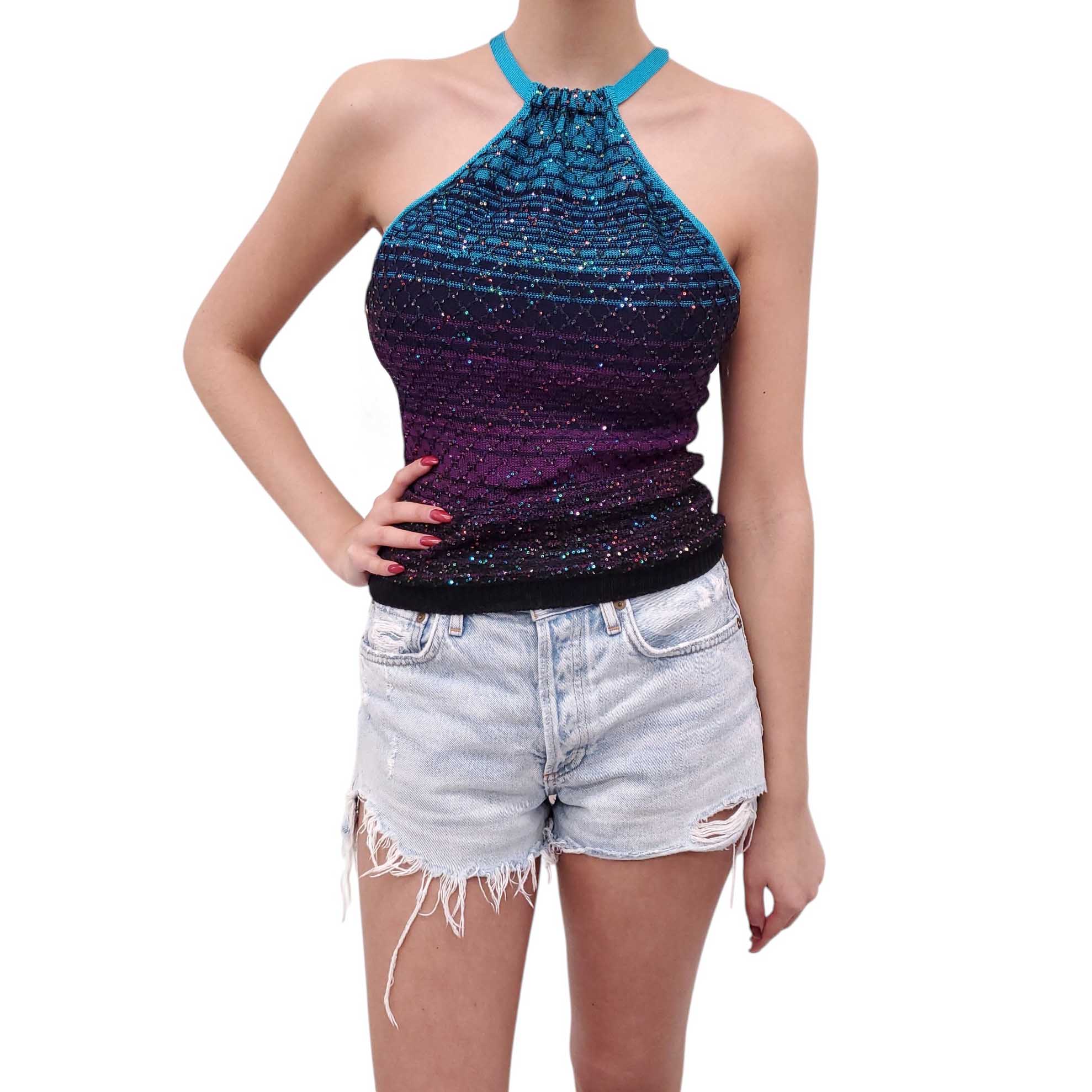 MISSONI BLUE AND PURPLE OMBRE SEQUIN HALTER TOP - SIZE 42