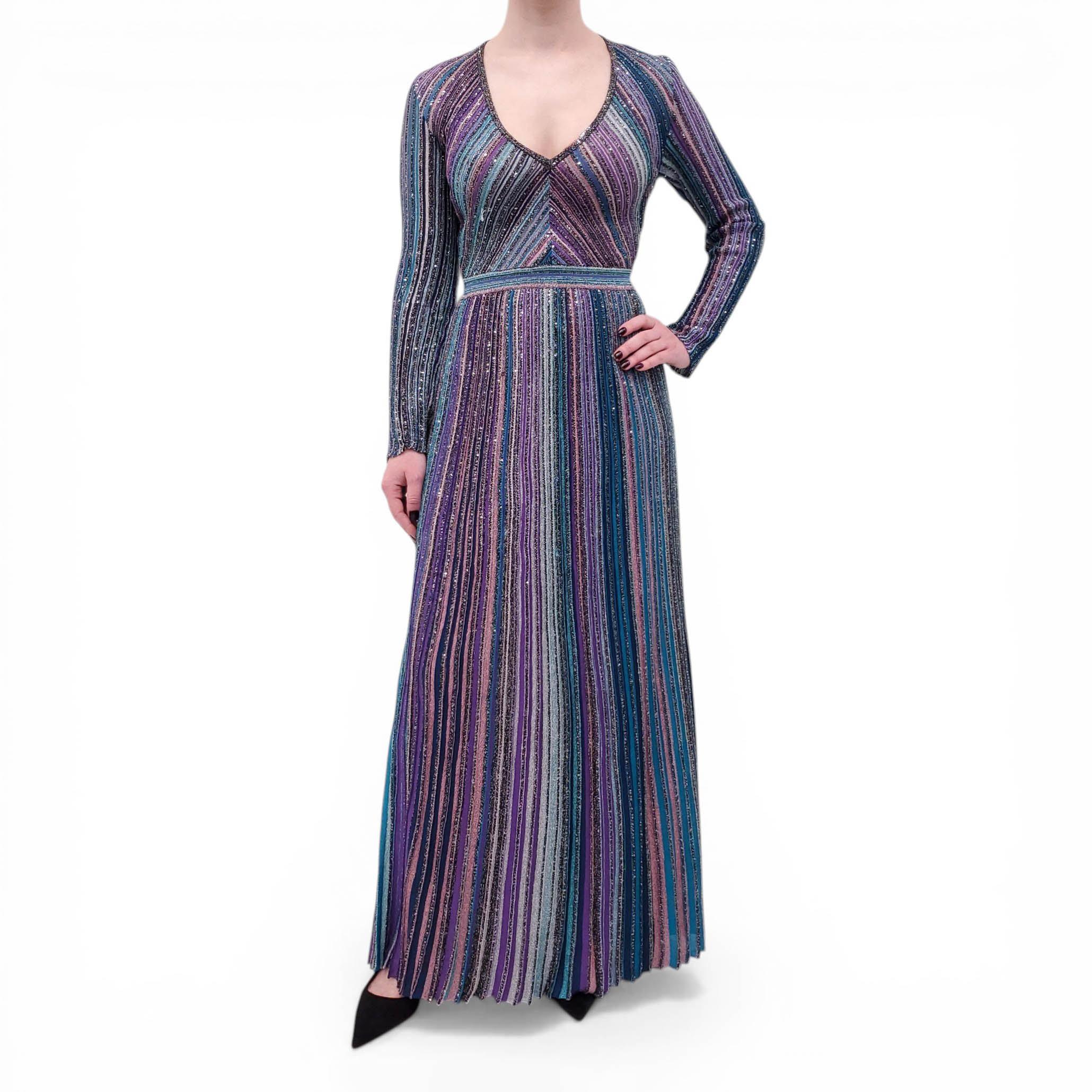 MISSONI BLUE AND PURPLE STRIPED SEQUIN KNIT GOWN - SIZE 42