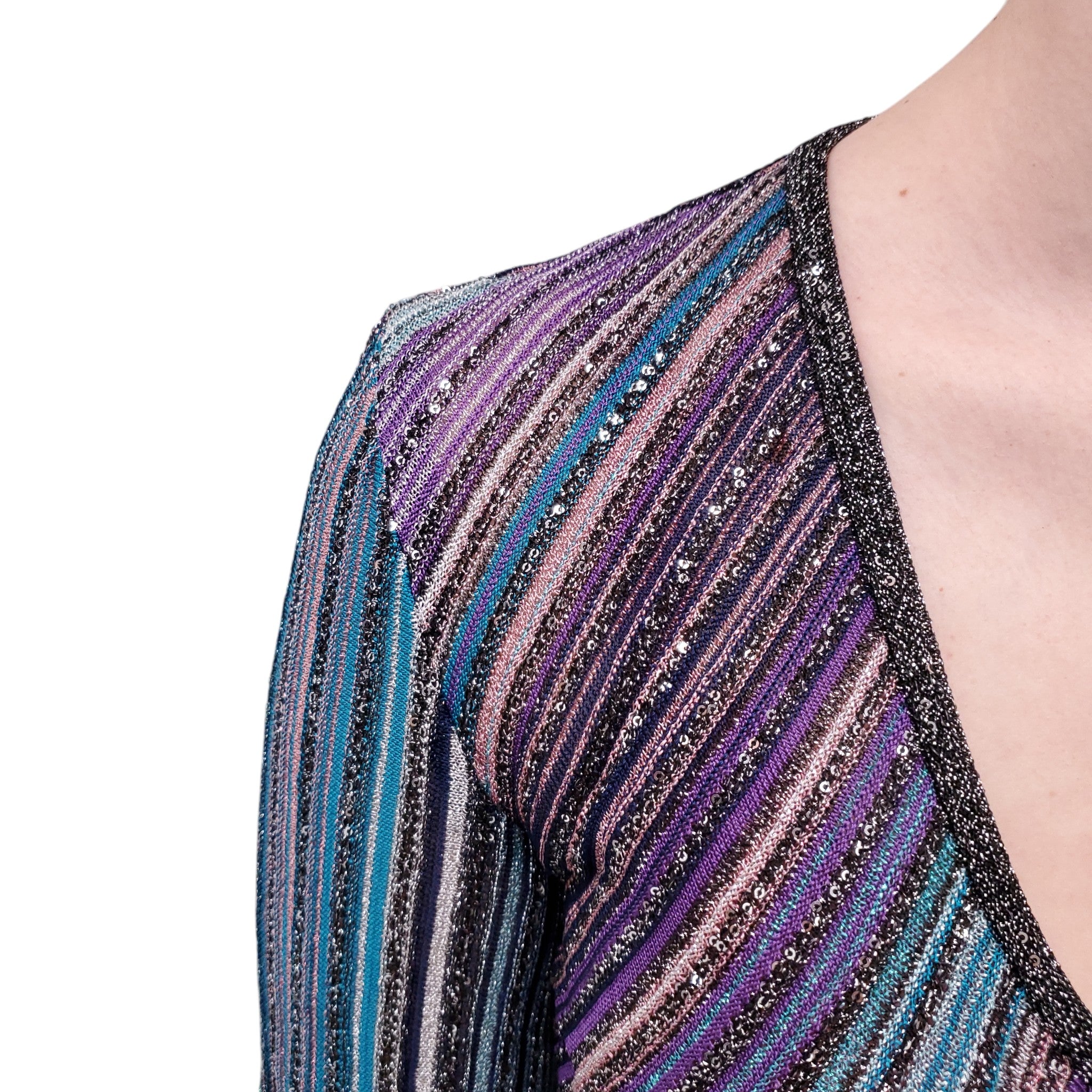 MISSONI BLUE AND PURPLE STRIPED SEQUIN KNIT GOWN - SIZE 42