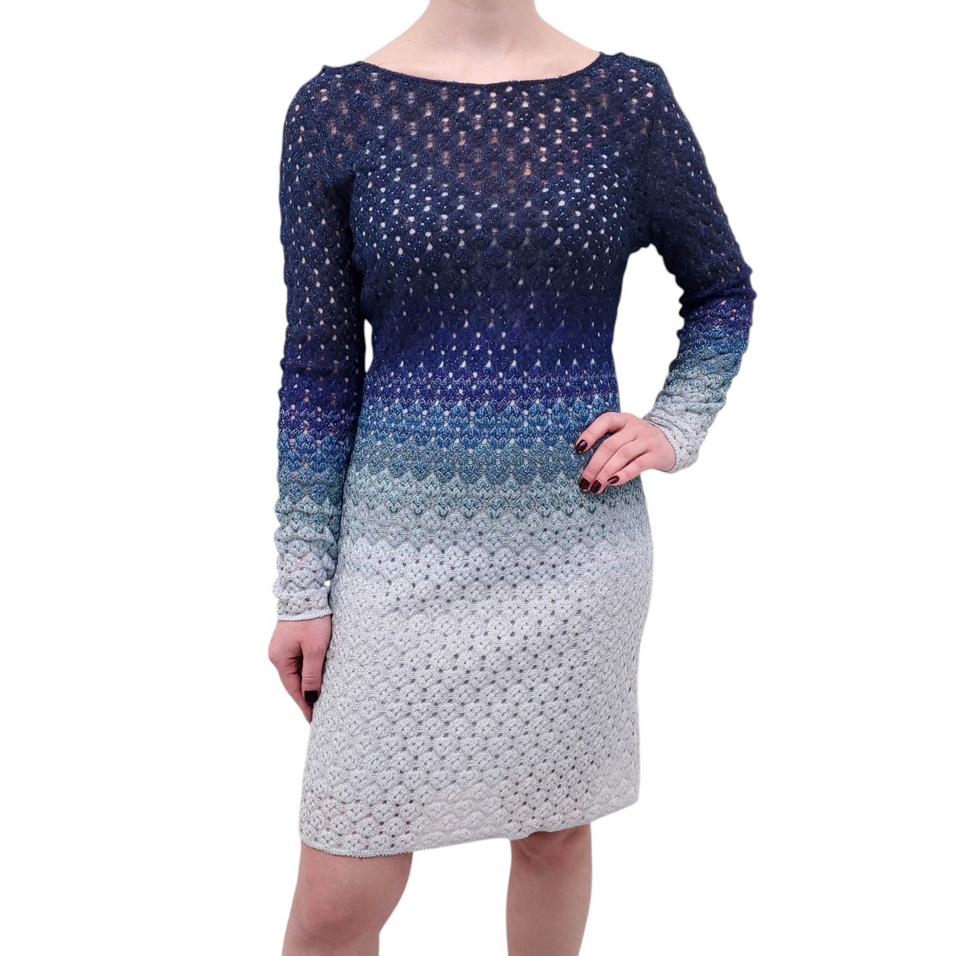 MISSONI BLUE OMBRE CROCHET METALLIC MINI DRESS - SIZE 44
