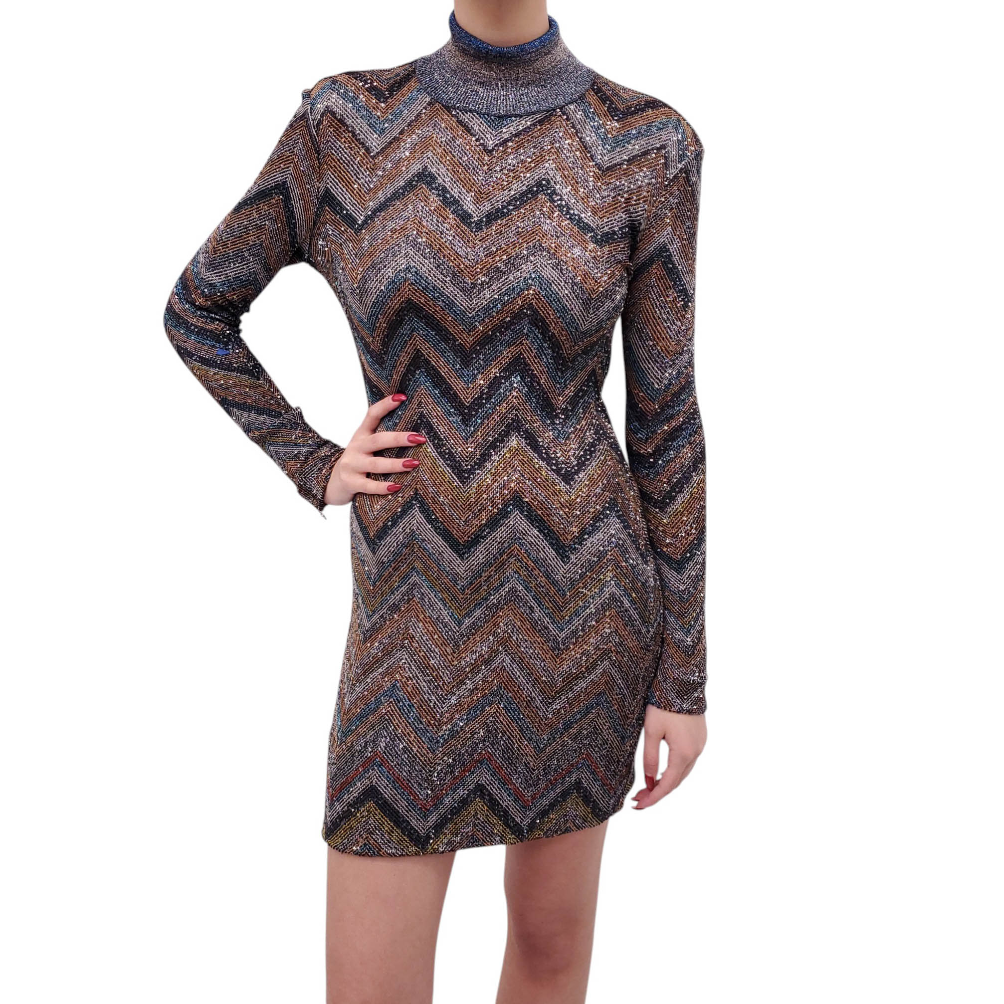 MISSONI BROWN AND BLUE CHEVRON SEQUIN KNIT DRESS - SIZE 40
