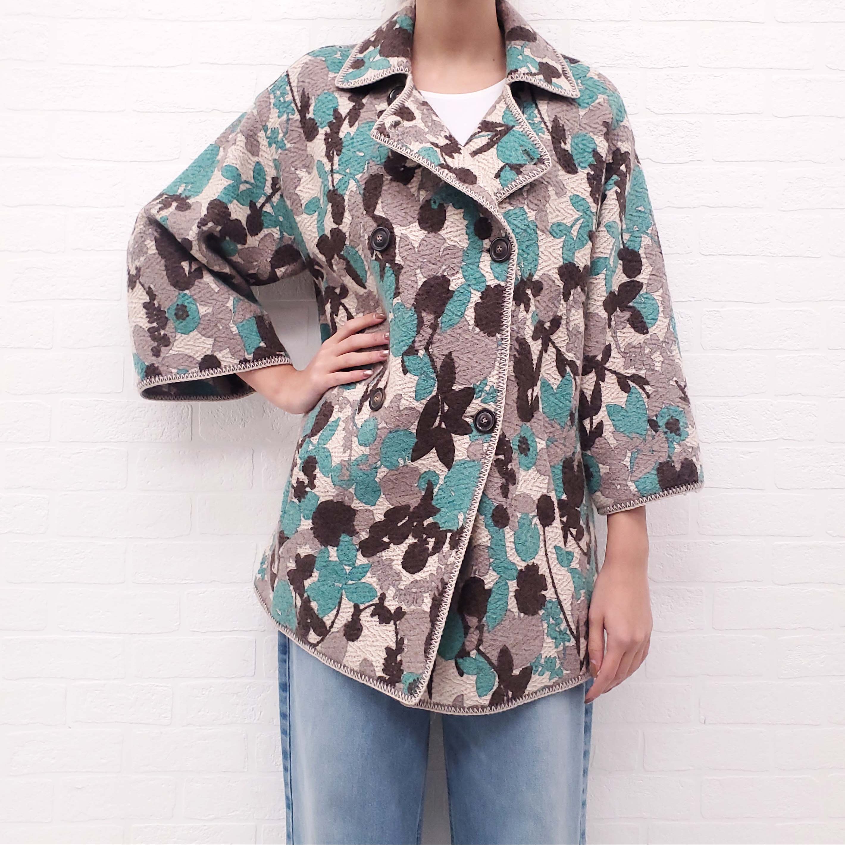 MISSONI BROWN AND TURQUOISE WOOL BLEND FLORAL PRINT JACKET - SIZE 38