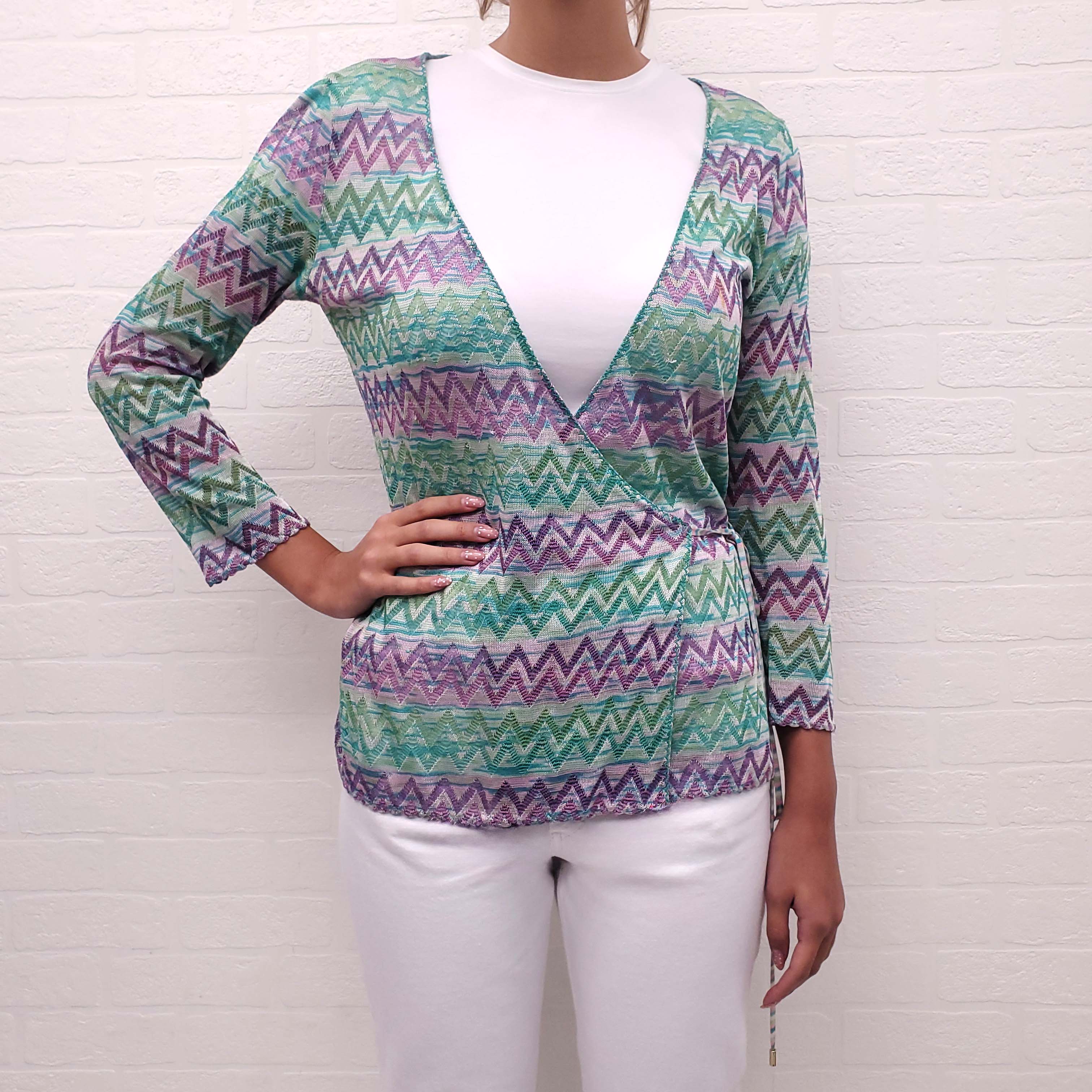 MISSONI GREEN AND PURPLE KNIT WRAP SWEATER - SIZE 44