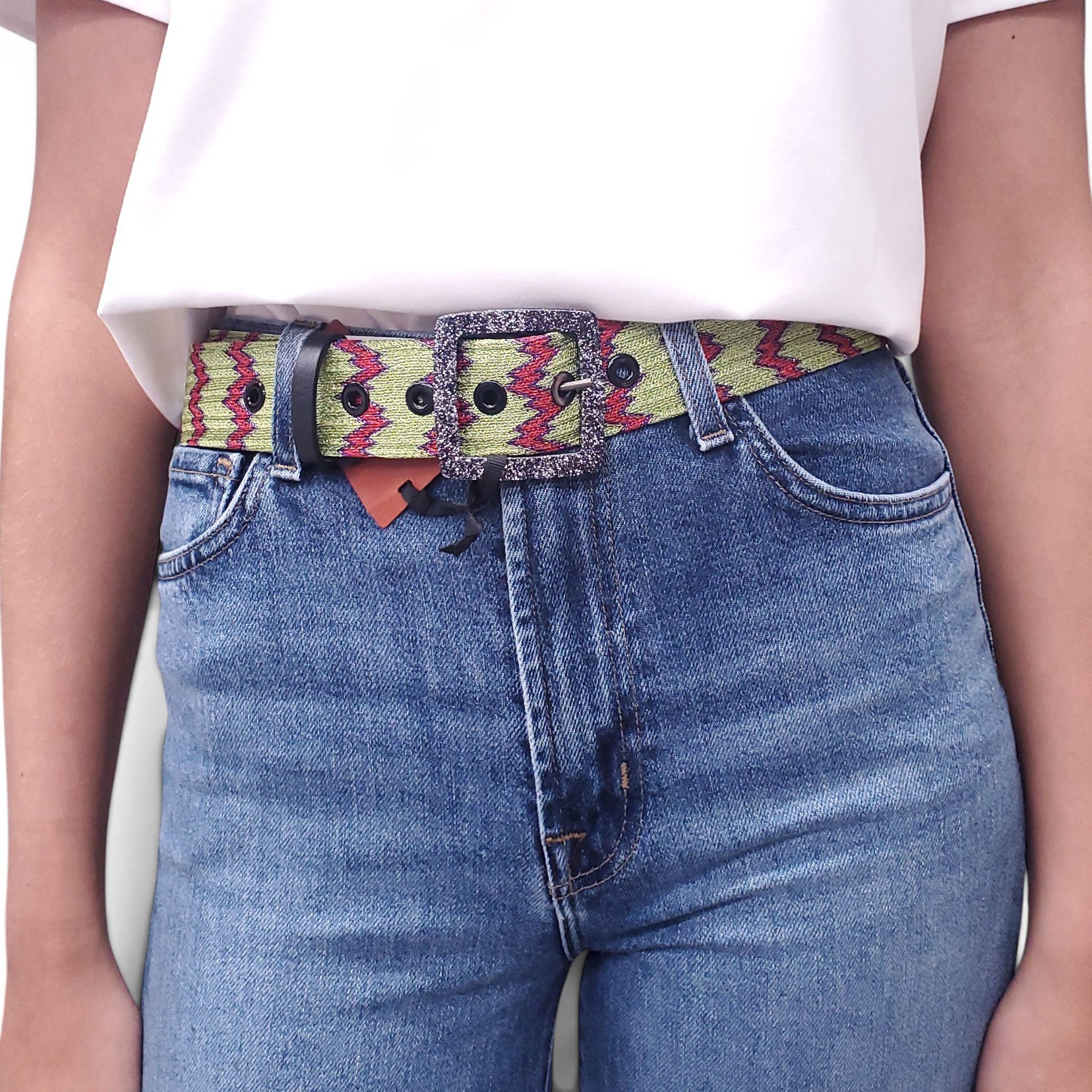 MISSONI GREEN METALLIC PATTERNED BELT - SIZE 80