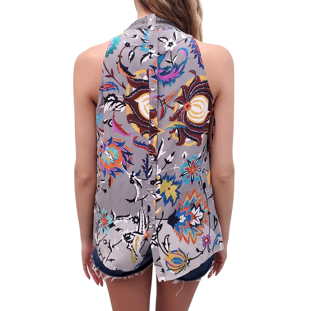 MISSONI GREY SILK AND KNIT COLOURFUL PATTERNED TANK TOP - SIZE 38