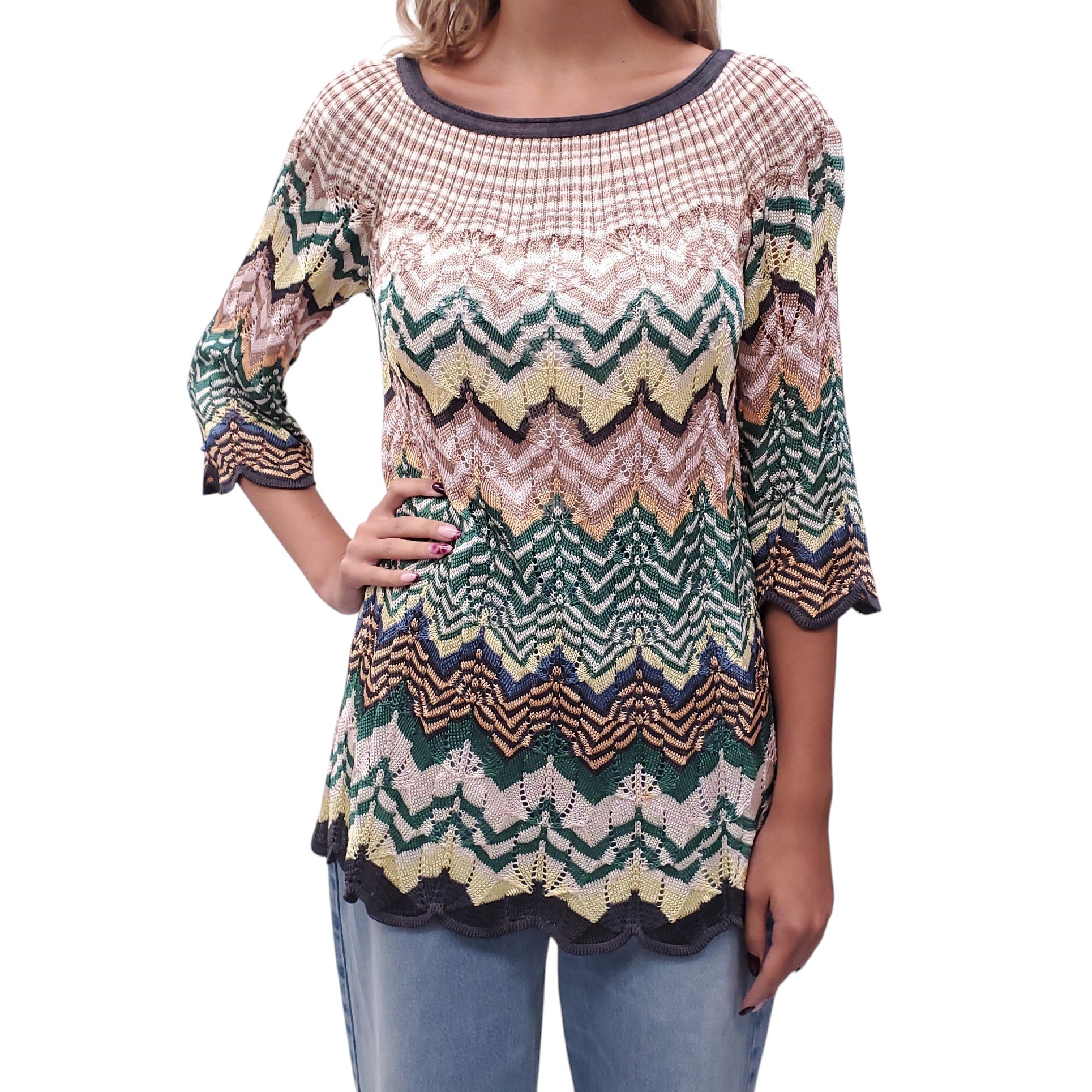 MISSONI KNIT BROWN, GREEEN AND PINK TOP - SIZE 42
