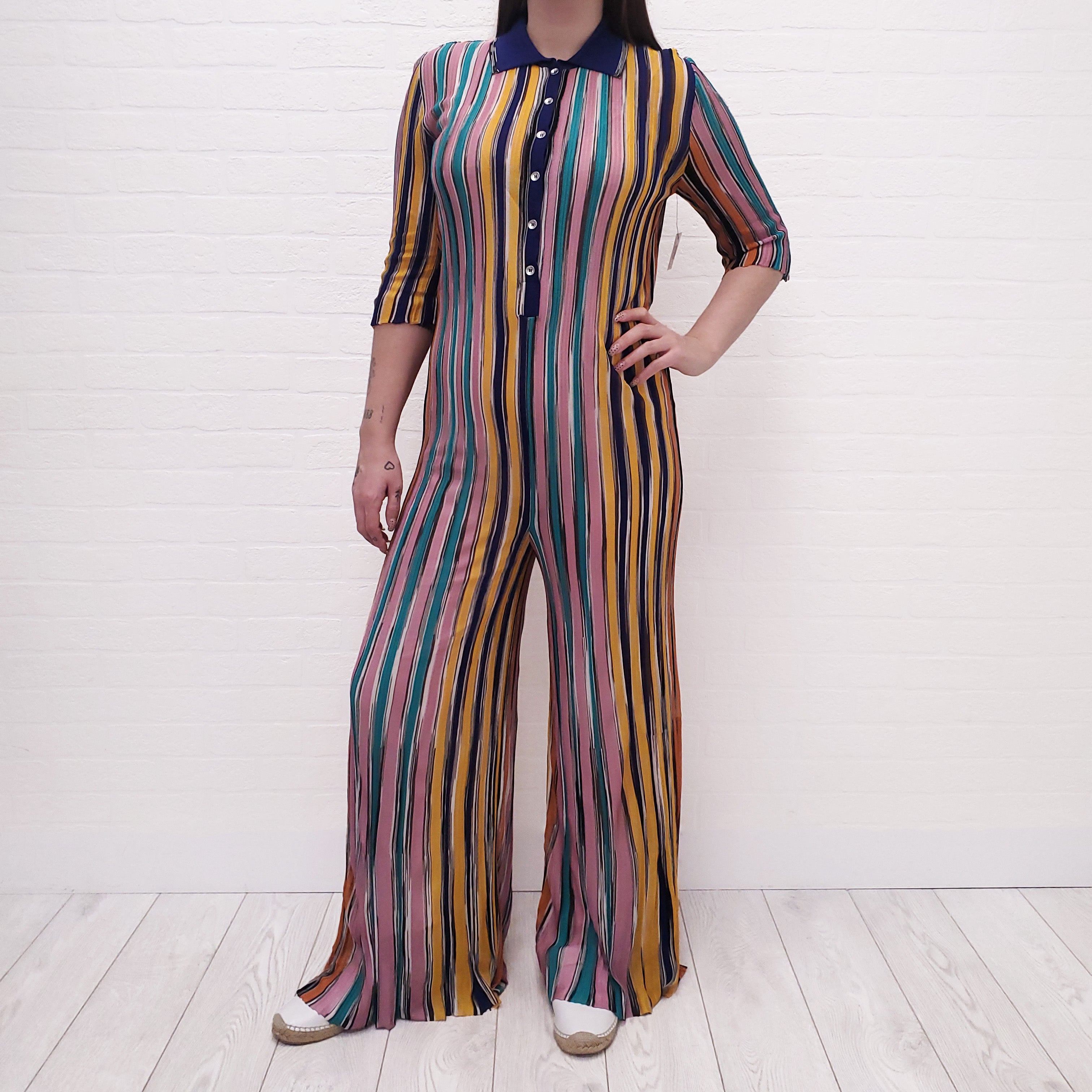 MISSONI MULTI-COLOUR STRIPE KNIT POLO JUMPSUIT - SIZE 46