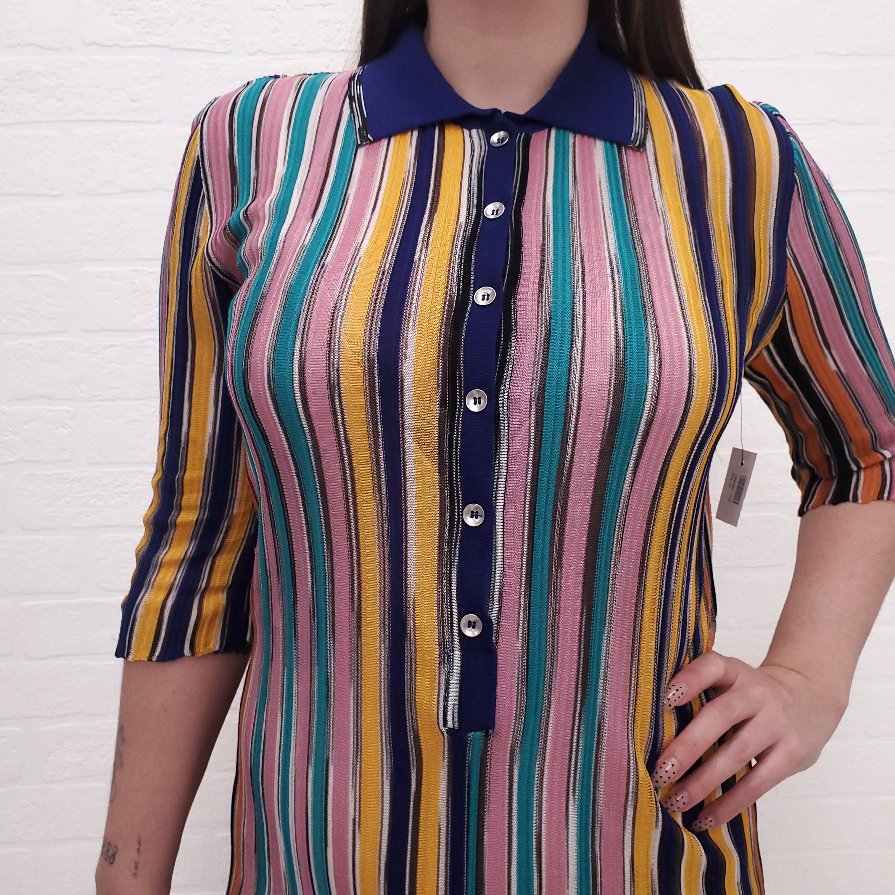 MISSONI MULTI-COLOUR STRIPE KNIT POLO JUMPSUIT - SIZE 46