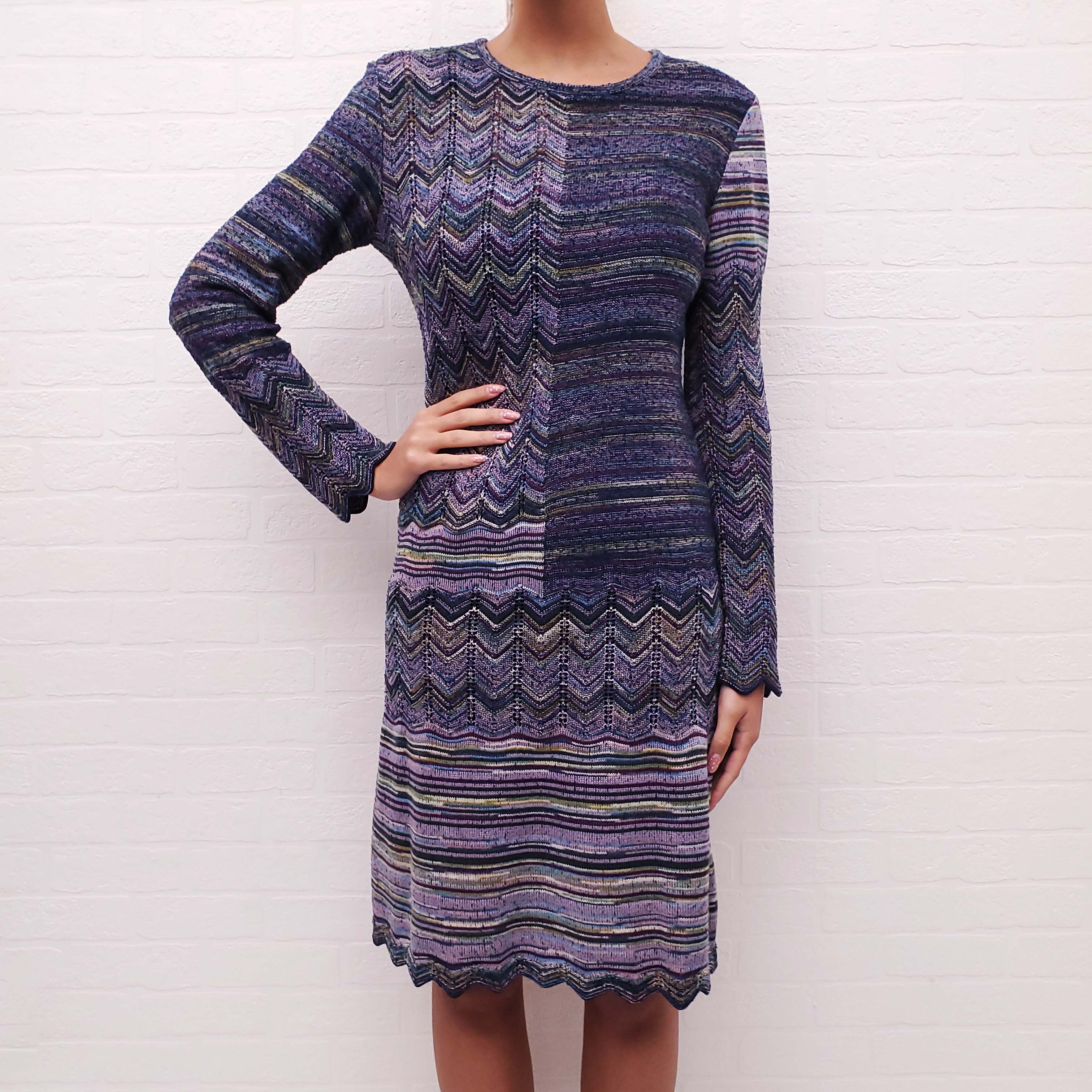 MISSONI NAVY AND PURPLE CHEVRON KNIT DRESS - SIZE 40