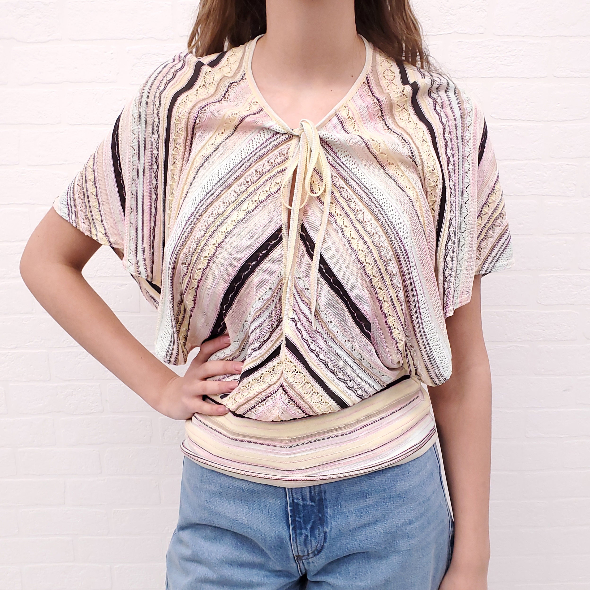 MISSONI VINTAGE YELLOW PATTERNED CINCHED WAIST BLOUSE - SIZE 6