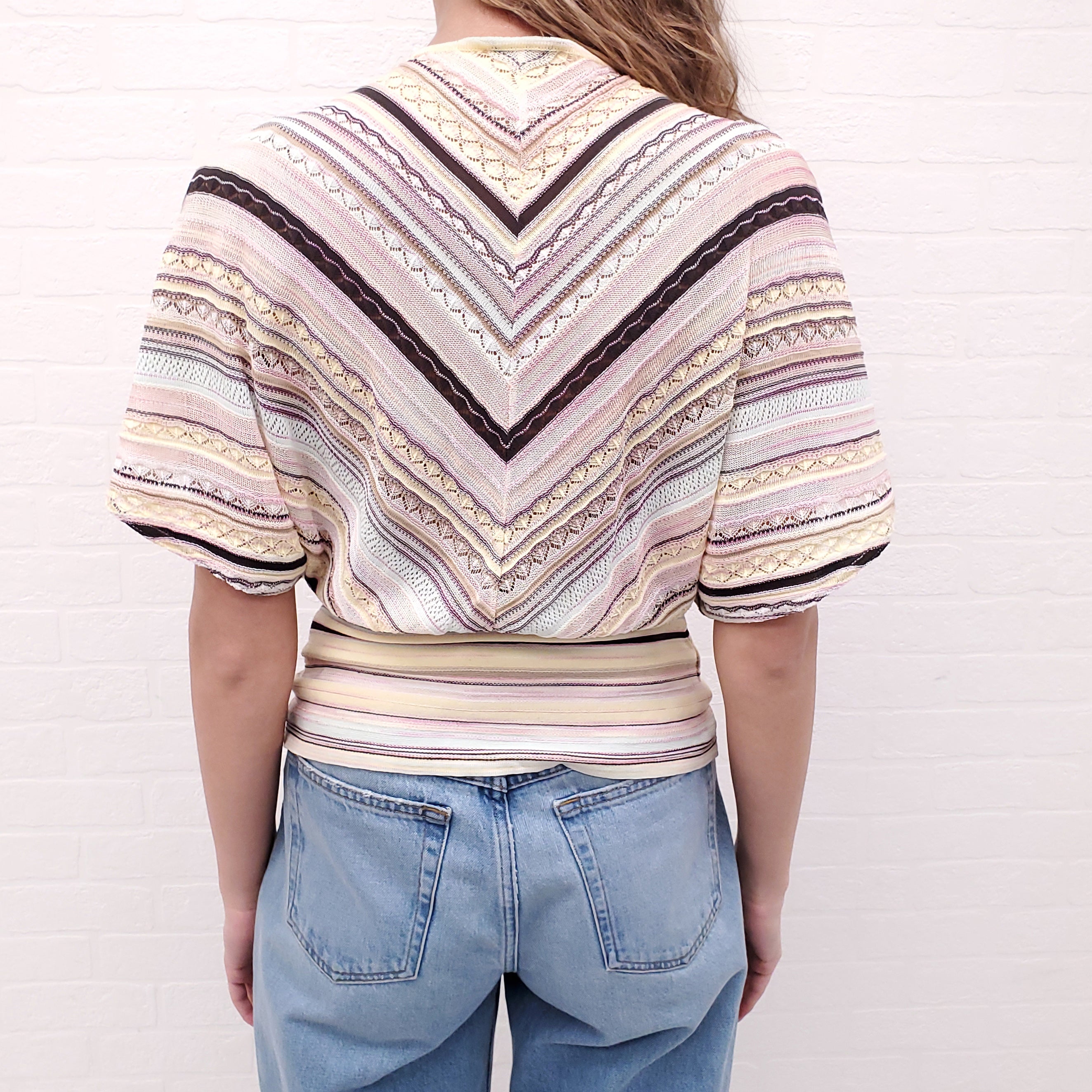 MISSONI VINTAGE YELLOW PATTERNED CINCHED WAIST BLOUSE - SIZE 6