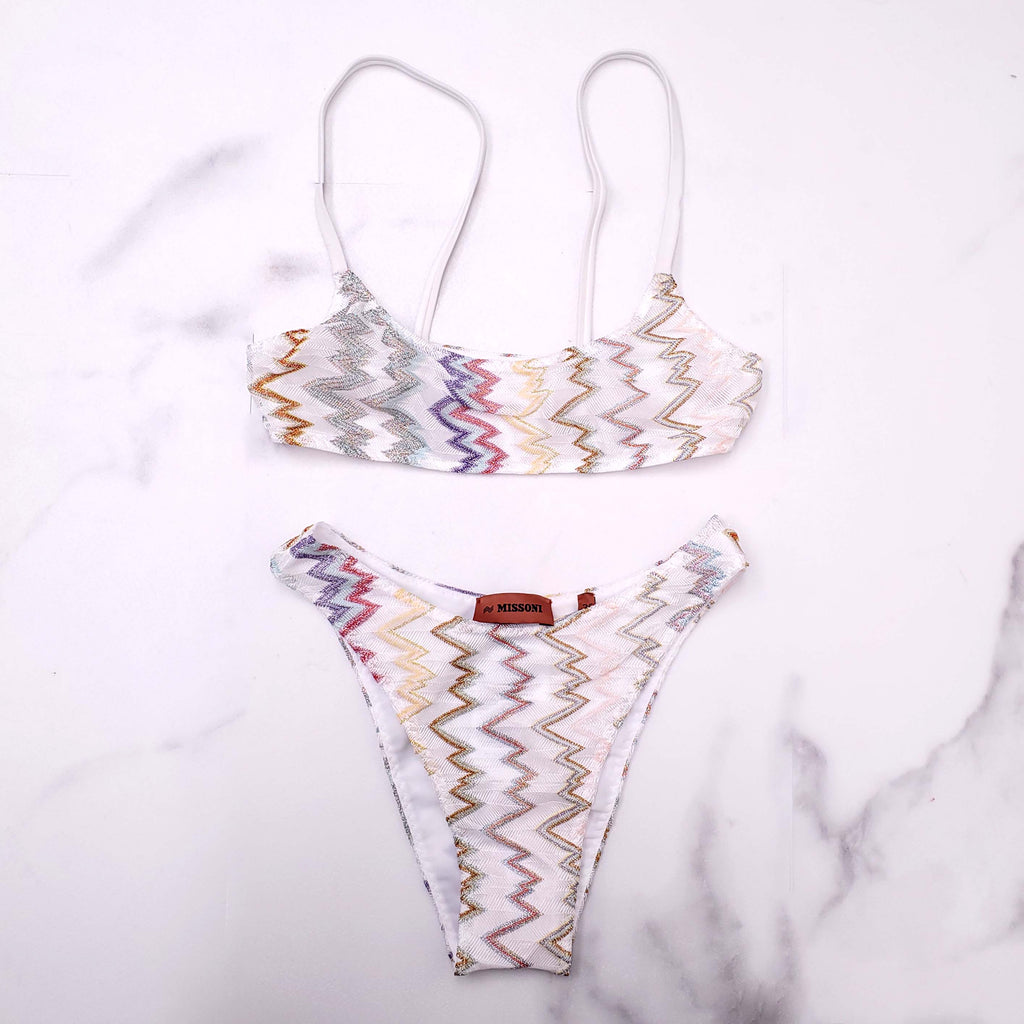 MISSONI WHITE BIKINI WITH MULTICOLOURED ZIGZAG PATTERN - SIZE 36