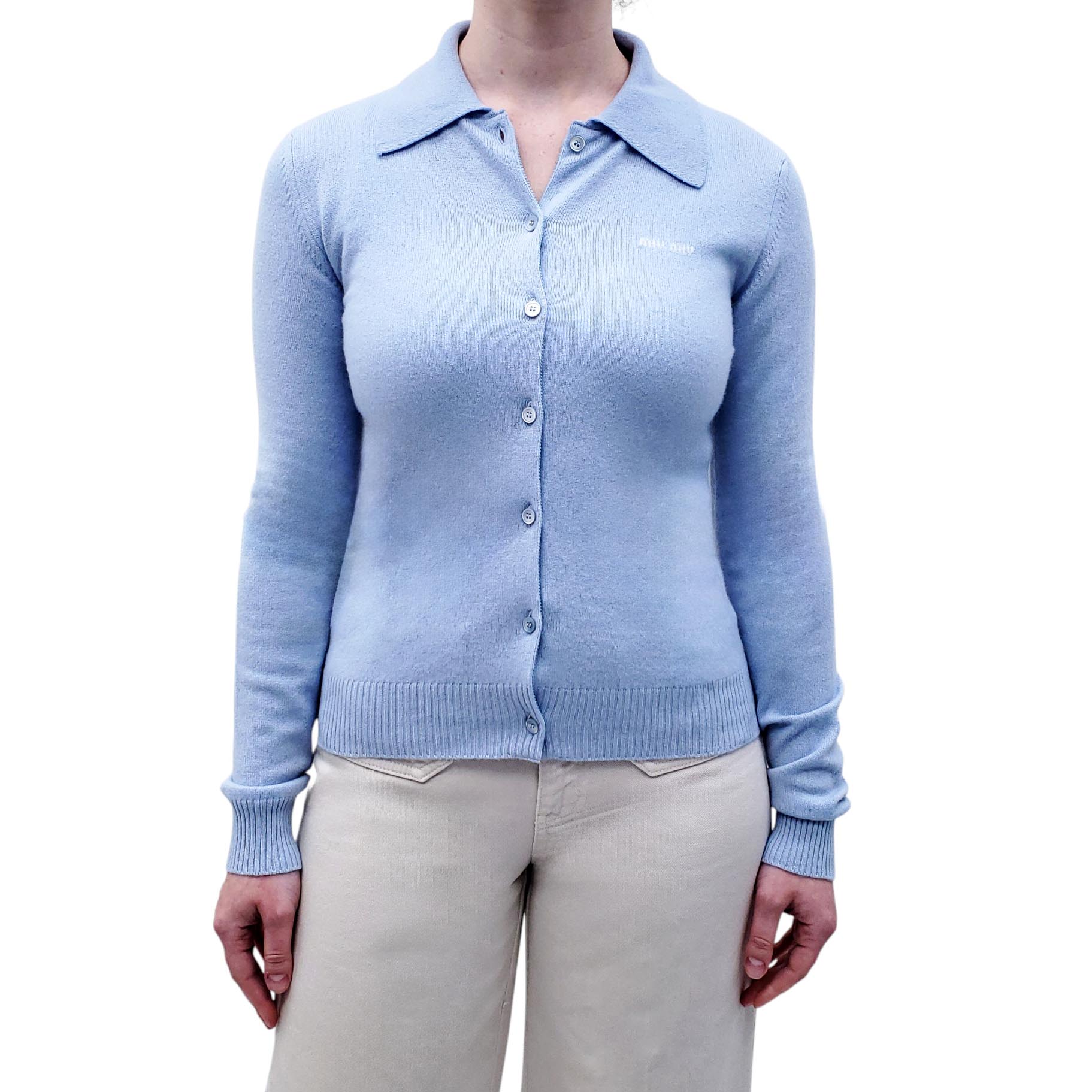 MIU MIU BABY BLUE CASHMERE KNIT POLO CARDIGAN - SIZE XS
