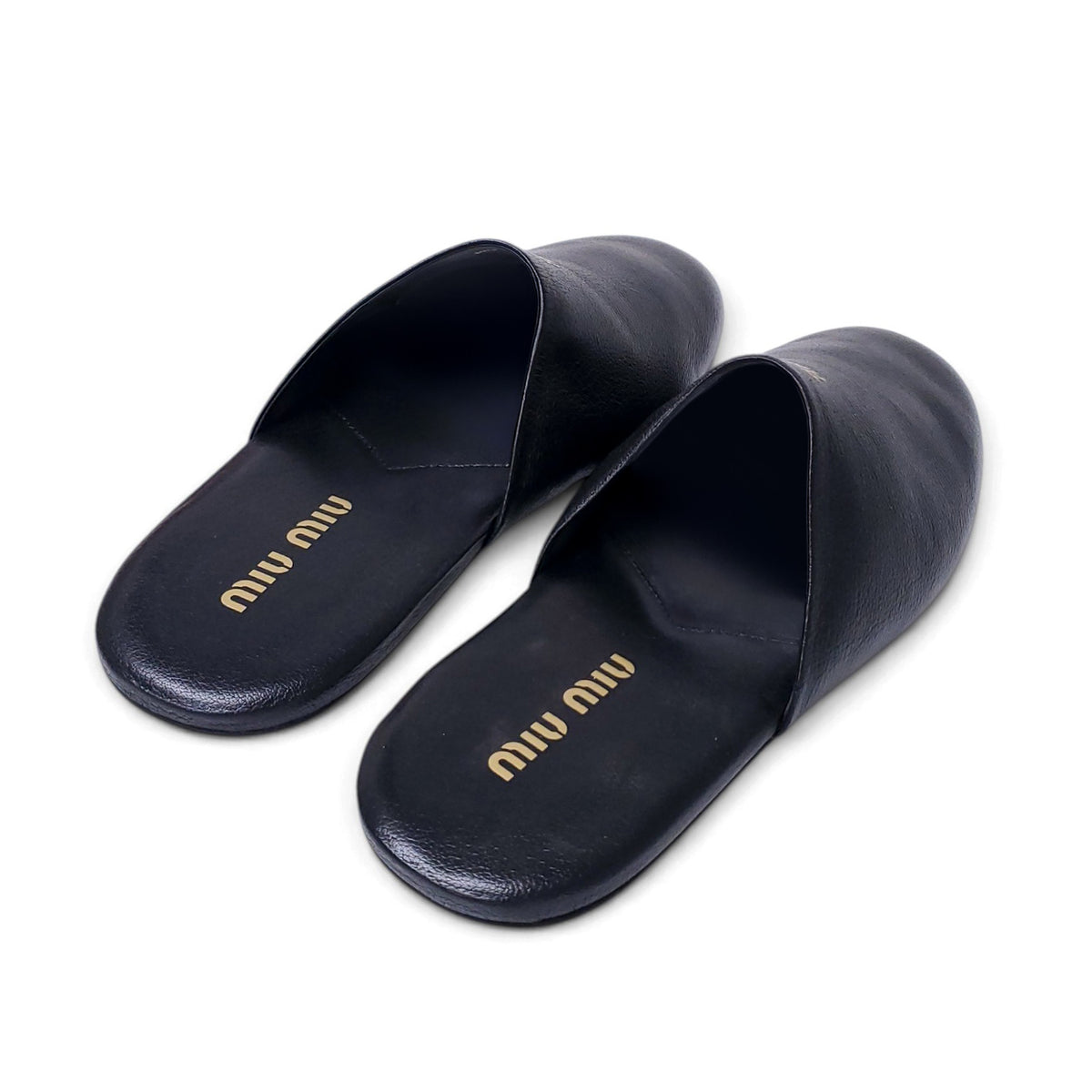 MIU MIU BLACK LEATHER LOGO MULES - SIZE 39